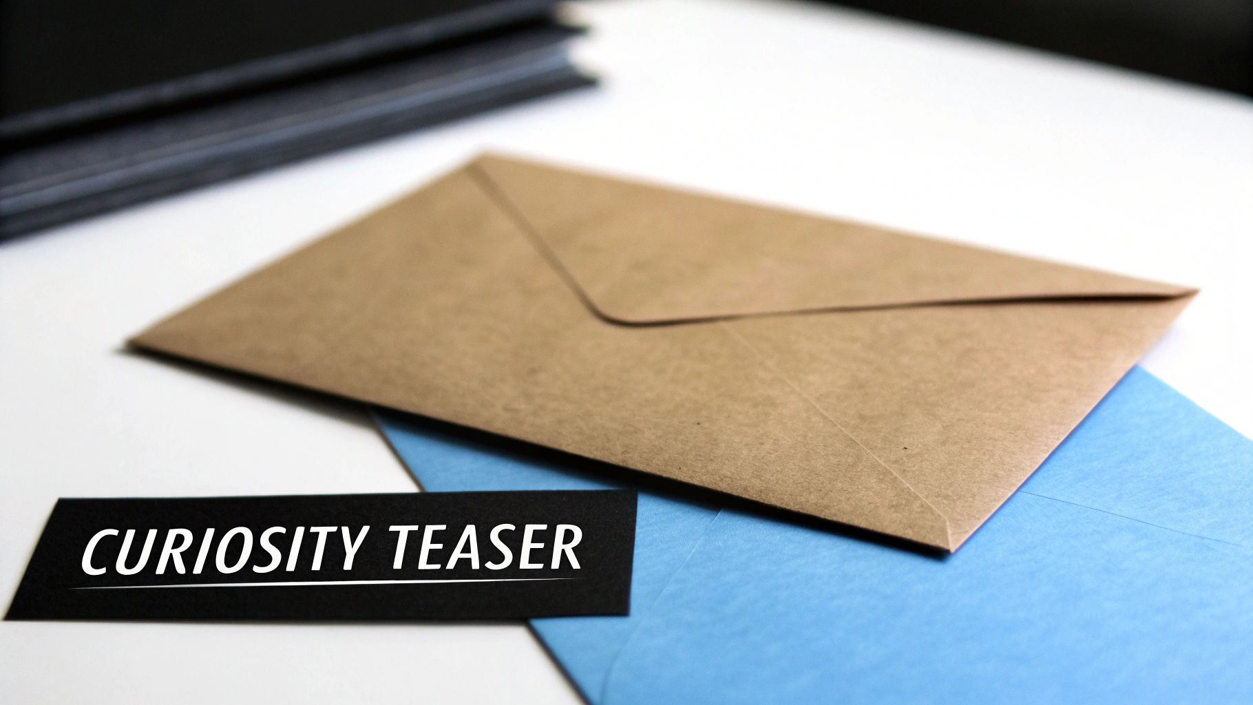 A brown envelope lies on a blue surface with a 'CURIOSITY TEASER' note in the foreground.