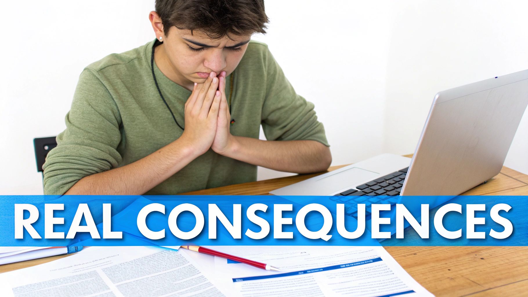 A distressed student with hands clasped, sitting at a desk with a laptop and papers, with "REAL CONSEQUENCES" text.