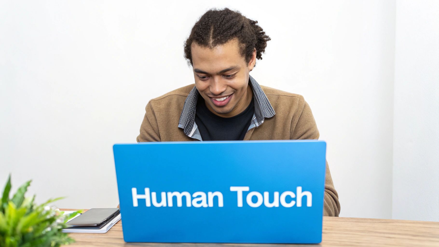 A person typing on a laptop with abstract digital graphics floating around the screen, representing AI-assisted writing.