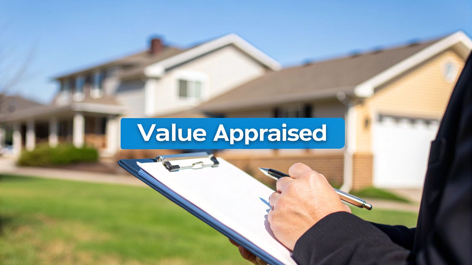 A professional holds a clipboard and pen in front of suburban houses, with a blue banner displaying 'Value Appraised'.