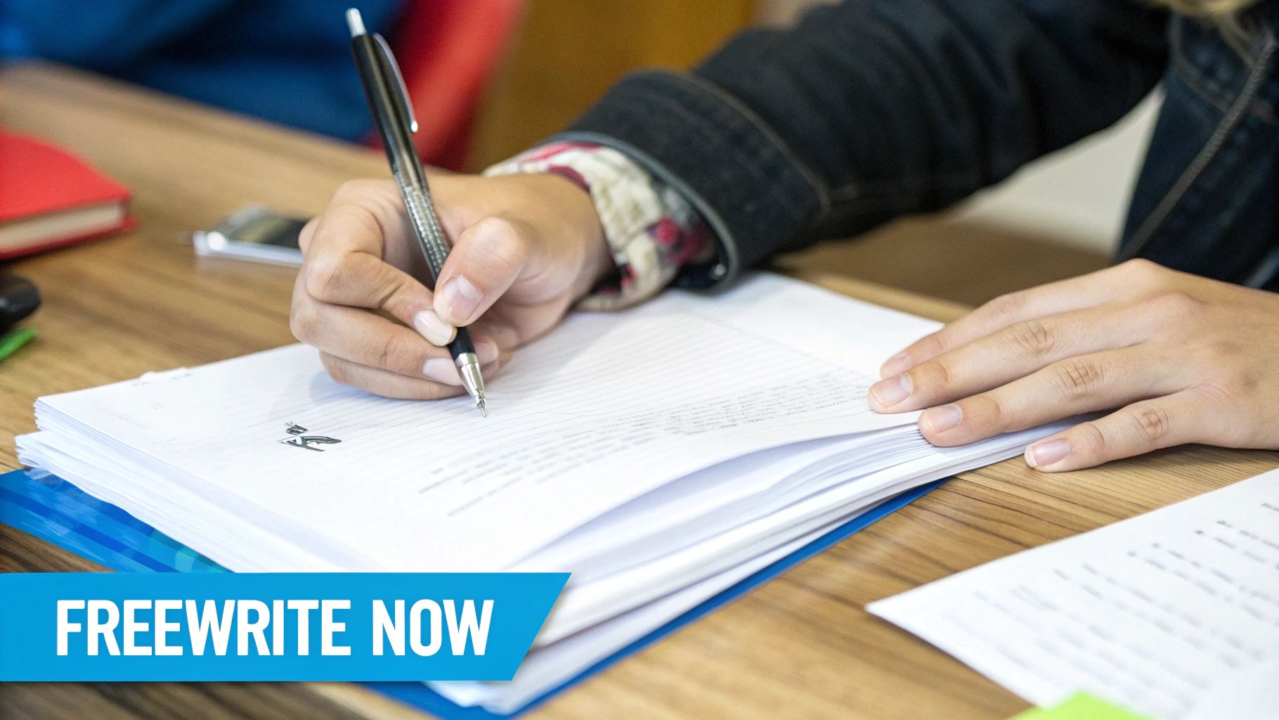 A writer's desk with a laptop, notebook, and a cup of coffee, set in a calming, focused environment.