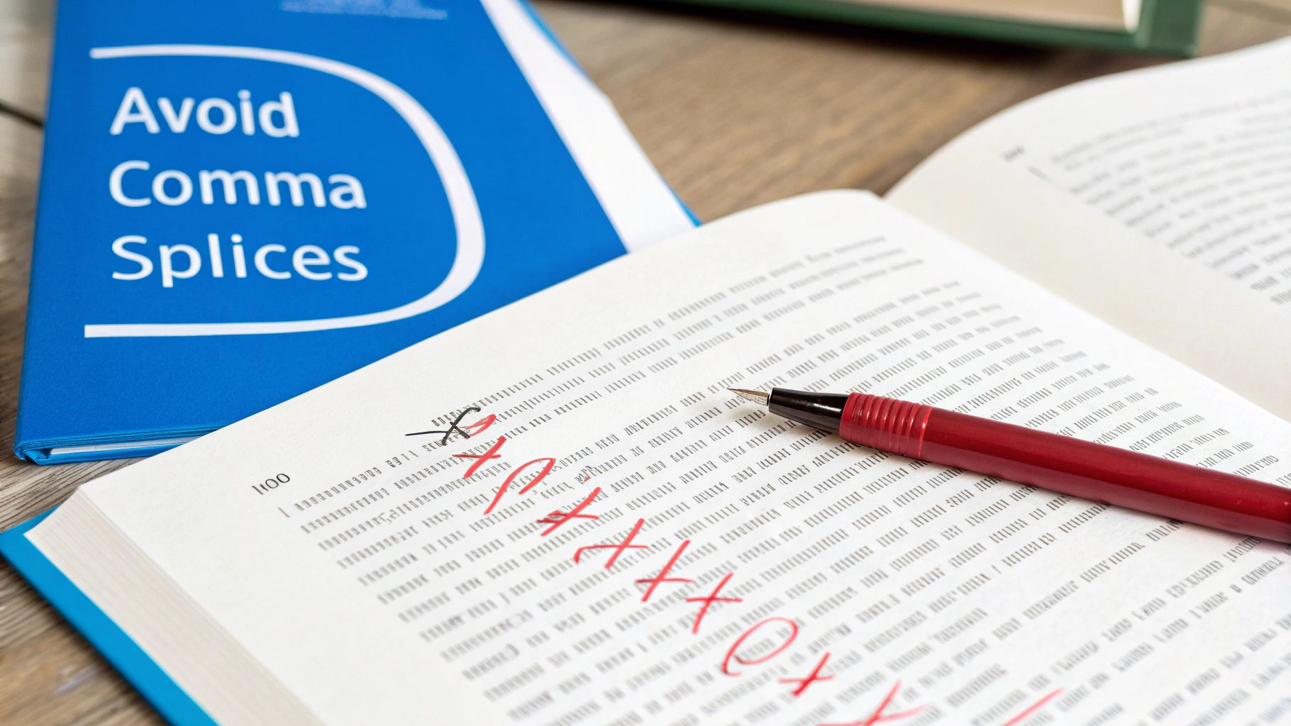 Proofreading an open grammar book with red pen corrections and a blue 'Avoid Comma Splices' guide.