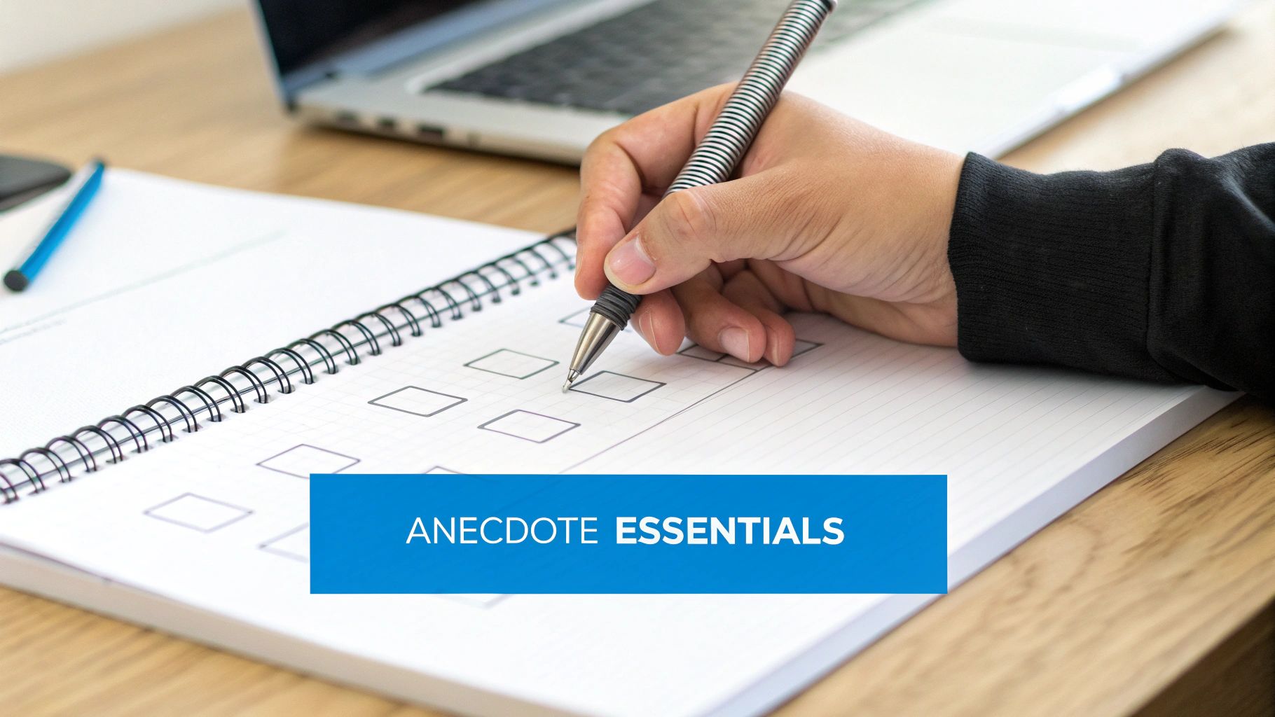 A hand writes with a pen, checking boxes in a spiral notebook, with a laptop nearby. Overlay text: ANECDOTE ESSENTIALS.