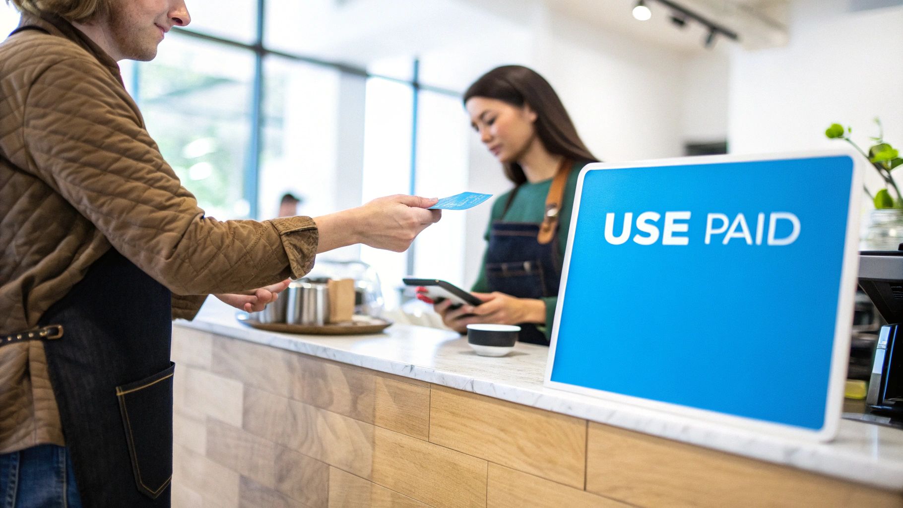 A customer hands a payment card to a cashier at a cafe counter with a 'USE PAID' sign.
