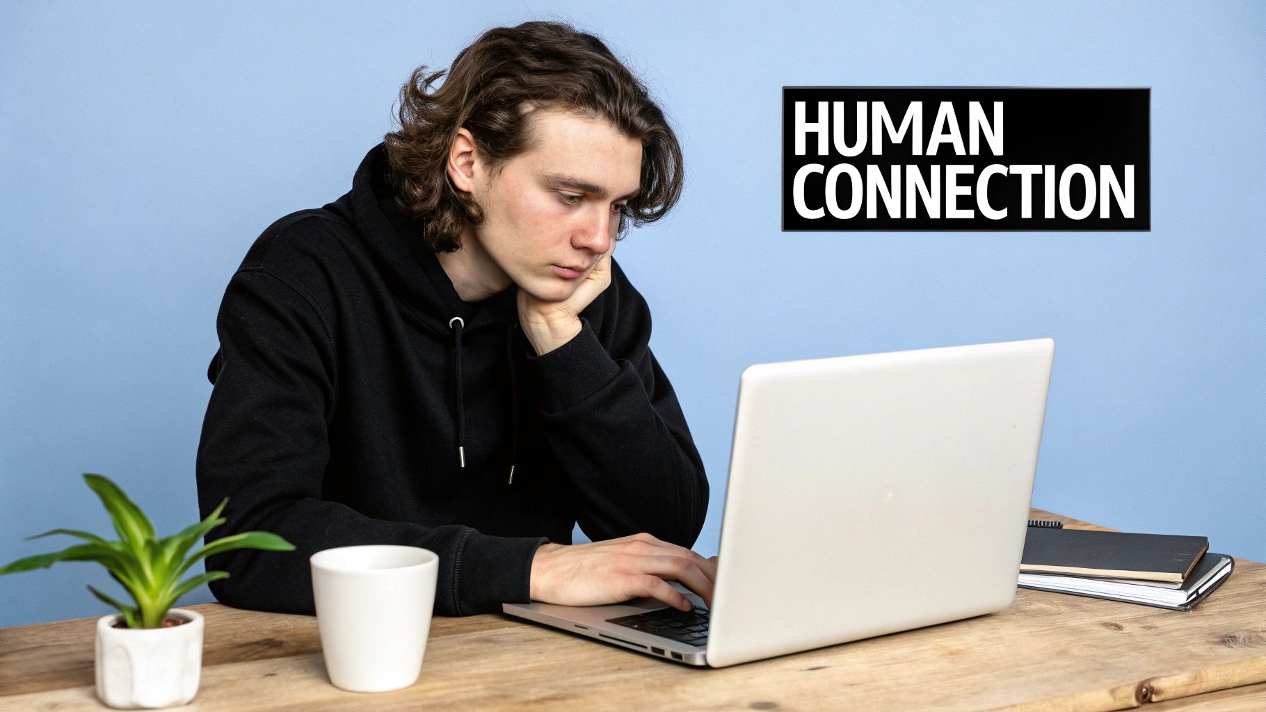 A young person in a black hoodie looking at a laptop, with text 'HUMAN CONNECTION'.