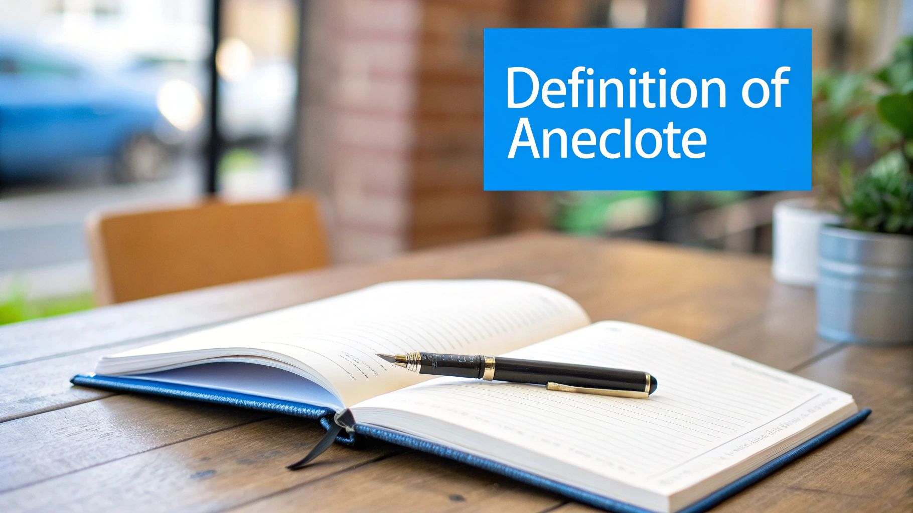 An open notebook and fountain pen on a wooden table with a 'Definition of Anecdote' text box.