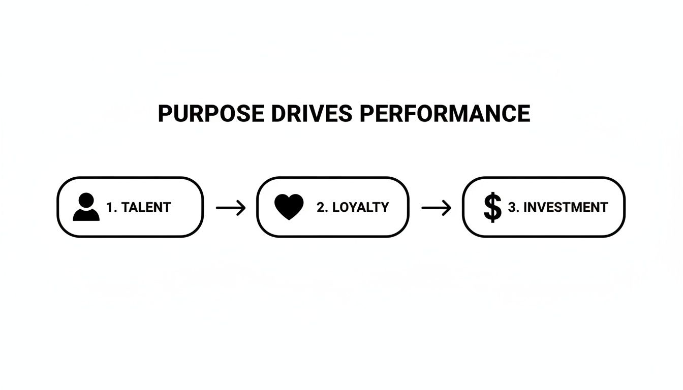 A flowchart illustrating how purpose drives performance, connecting talent, loyalty, and investment.