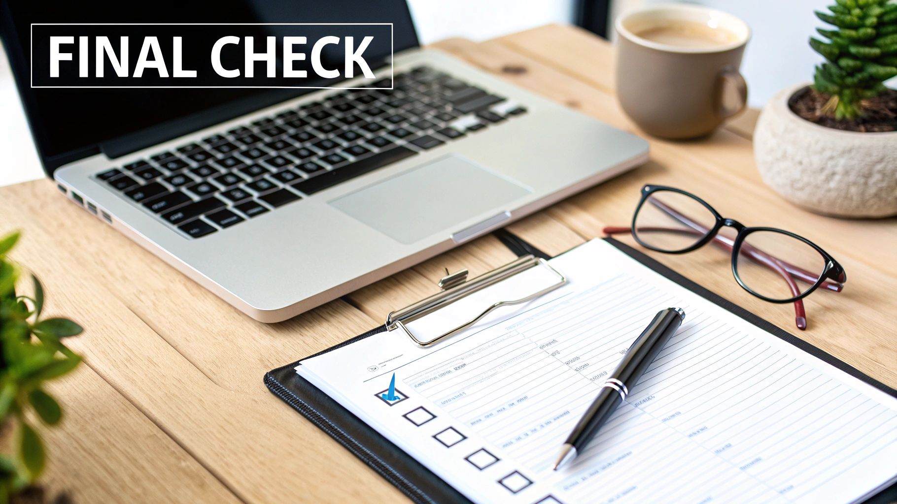 A desk with a laptop, checklist, pen, glasses, coffee, and plant, with 'FINAL CHECK' overlay.