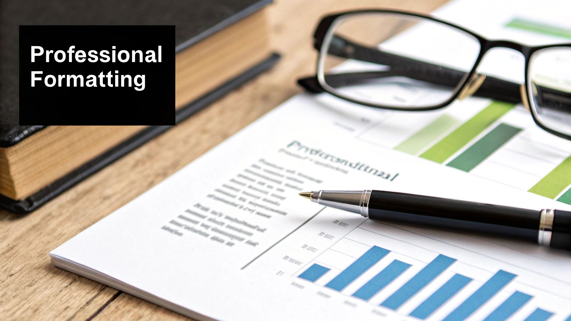 Close-up of a business report with charts, a pen, and glasses on a wooden desk, emphasizing professional formatting.