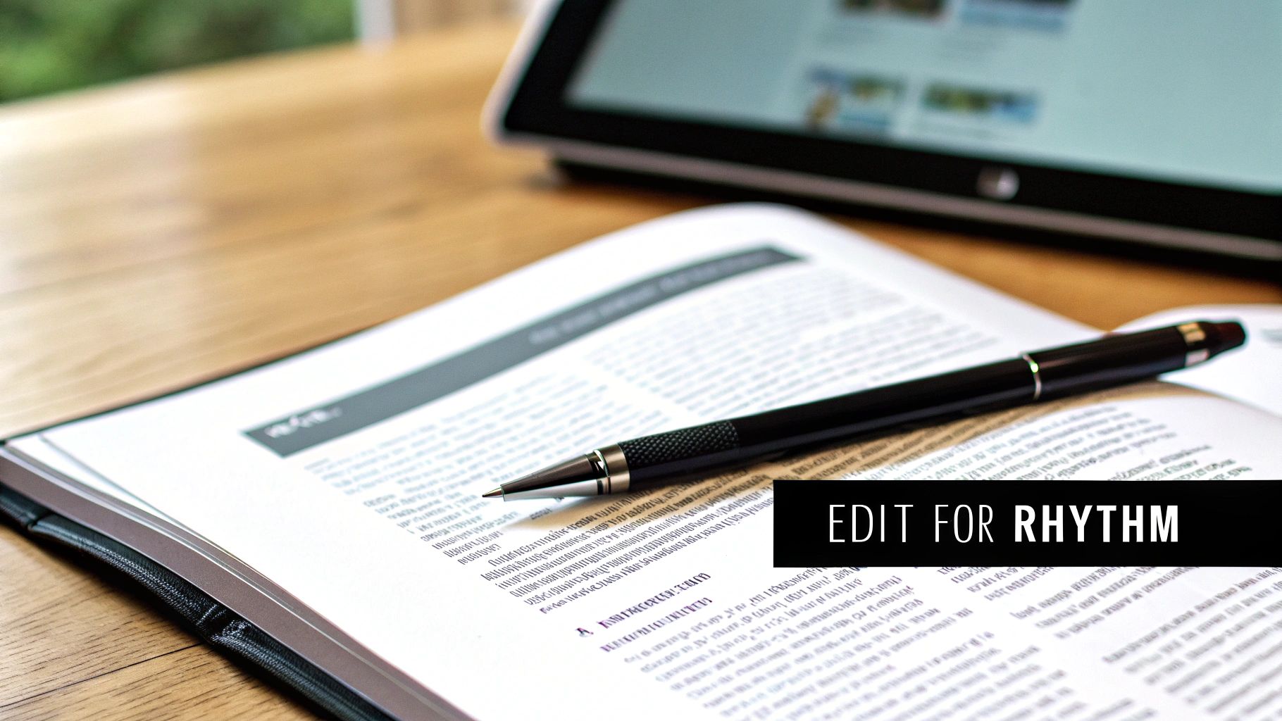 A black pen rests on an open book, with a blurred tablet in the background on a wooden desk.