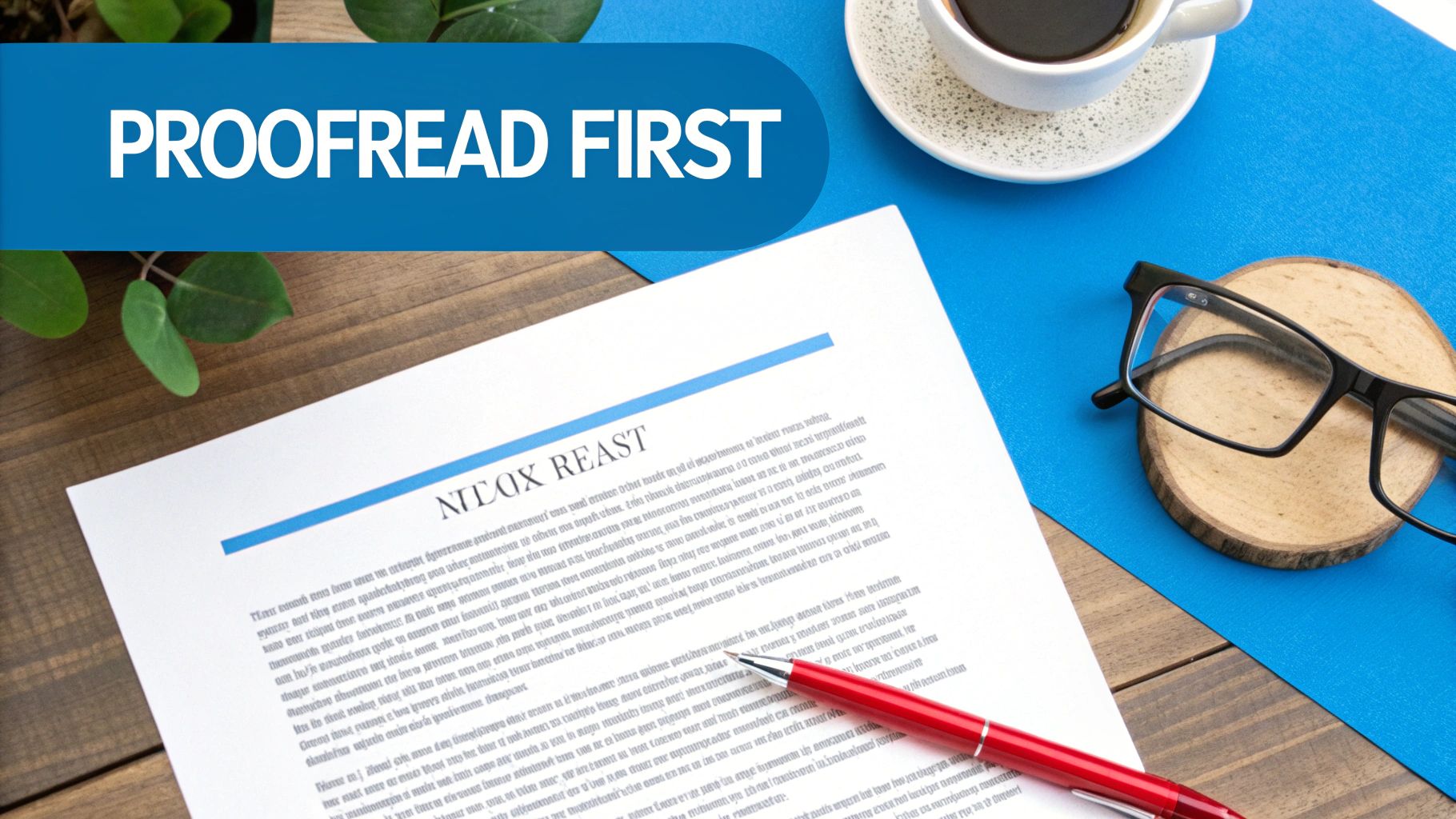 A desk setup with a document, red pen, coffee, glasses, and a banner saying 'PROOFREAD FIRST'.
