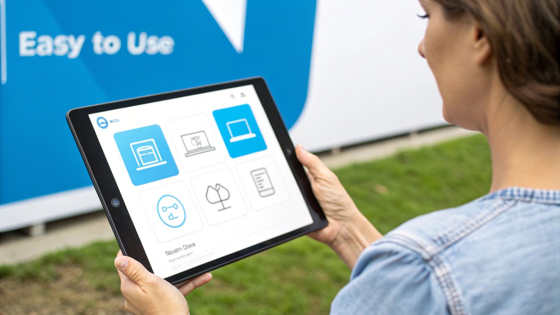 A person holds a tablet showing a digital app with icons, next to a blue sign reading "Easy to Use".