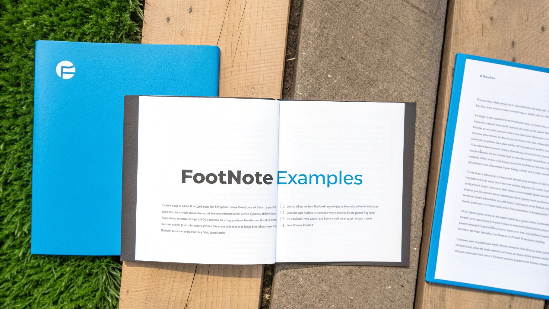 An open booklet displaying 'FootNote Examples' with other notebooks on a wooden and concrete surface.