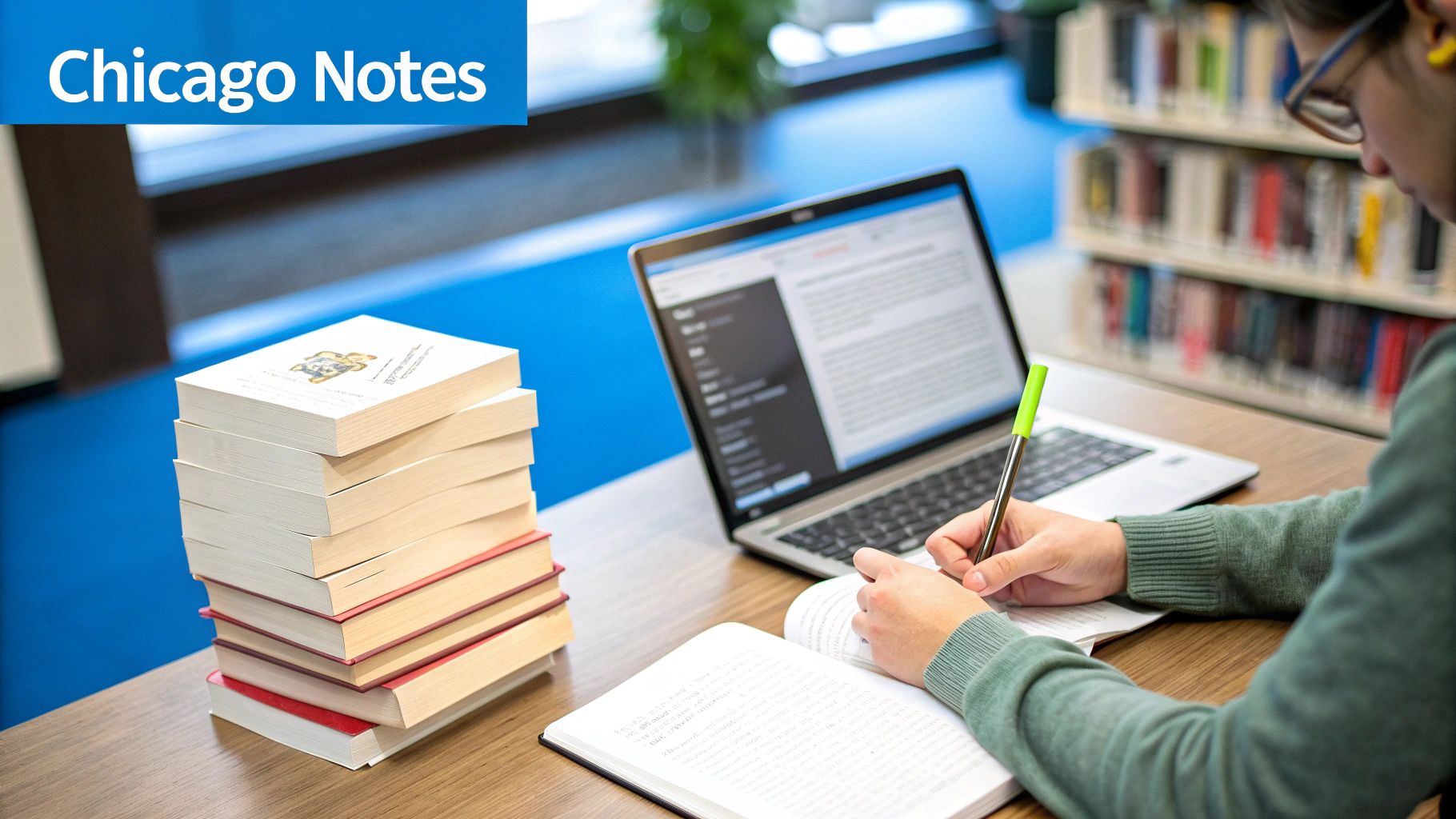 Student uses laptop and books to write notes, learning Chicago citation style in library.