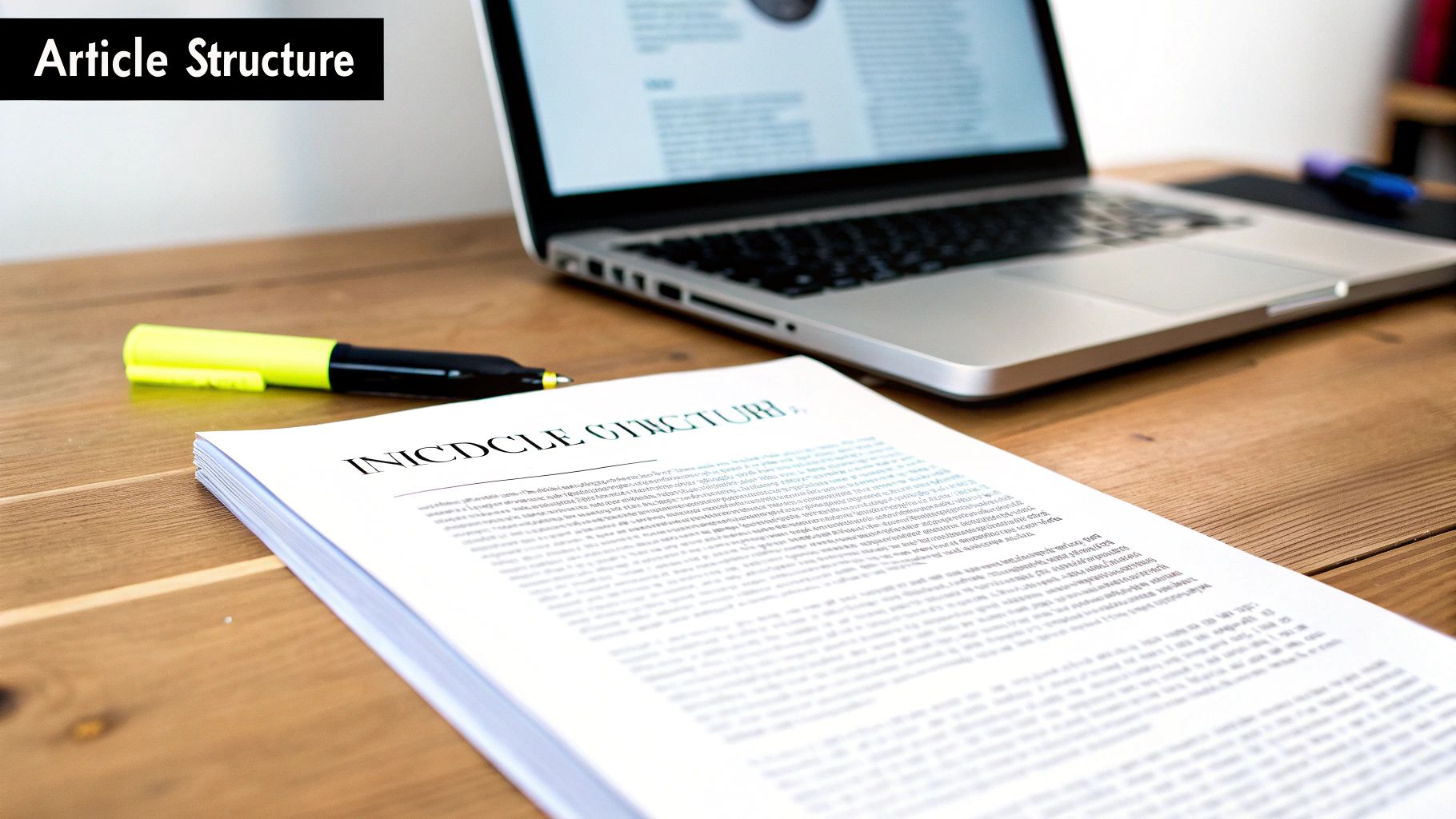 A desk setup with papers, a yellow highlighter, and a laptop, displaying 'Article Structure' text, suggesting writing.