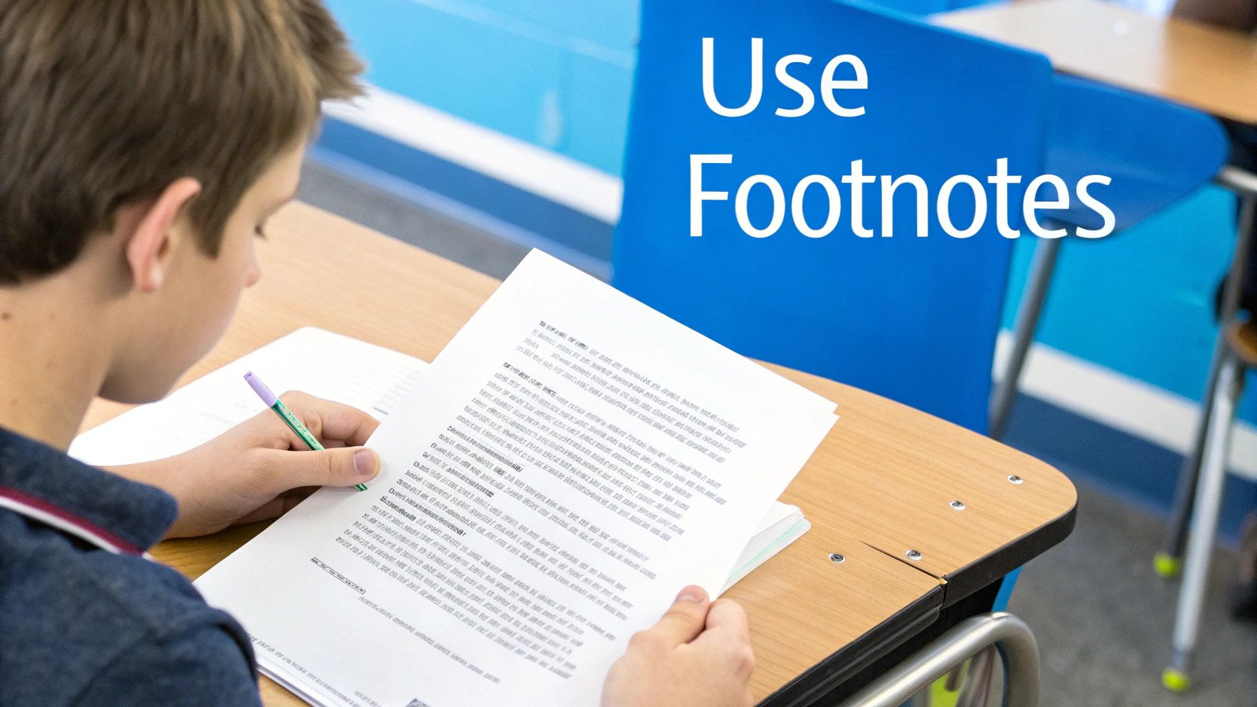 A student writing in a notebook, focused on getting the details right for APA format footnotes.