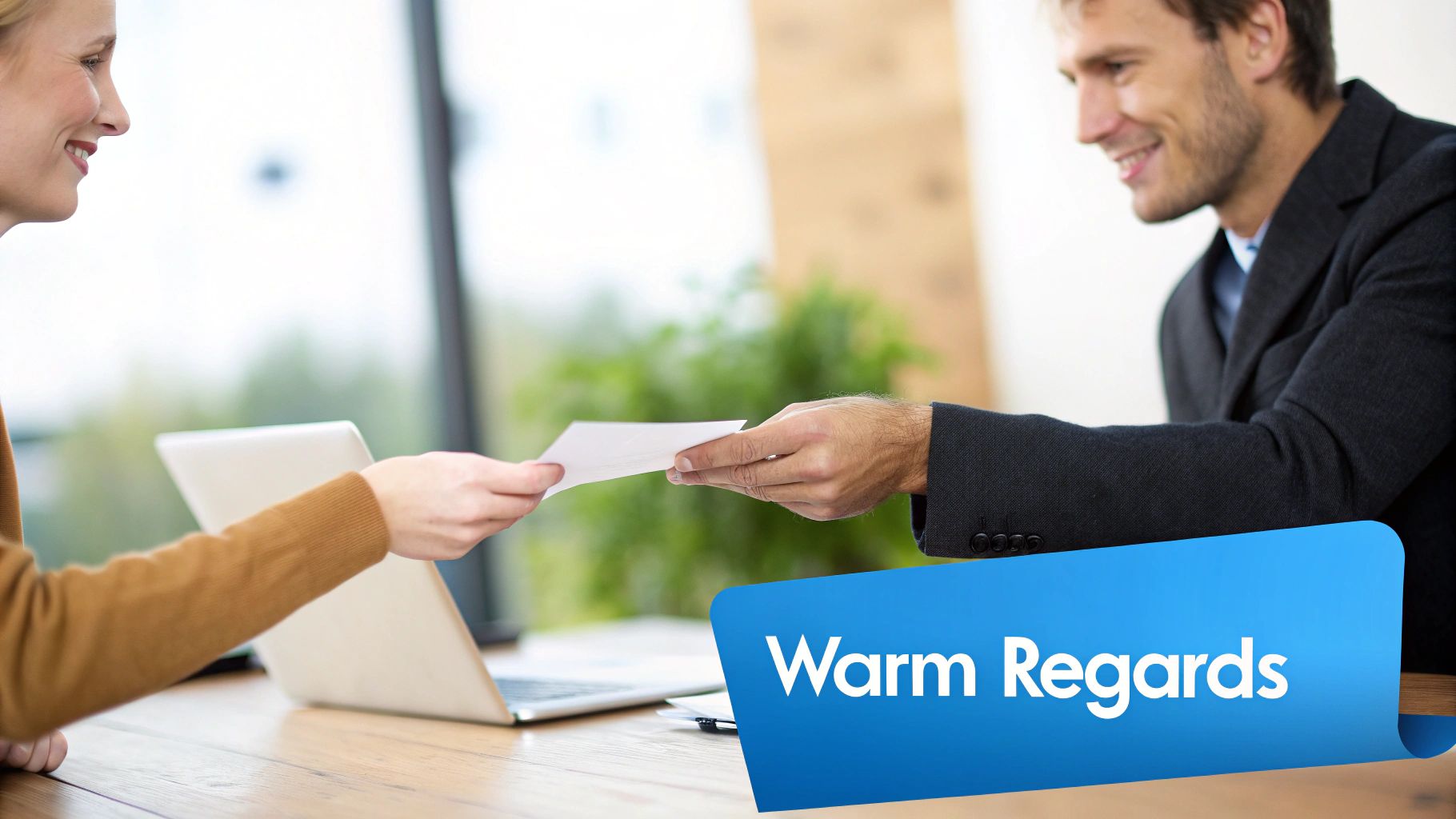Two smiling professionals exchanging documents across a desk with a laptop, in a bright office.