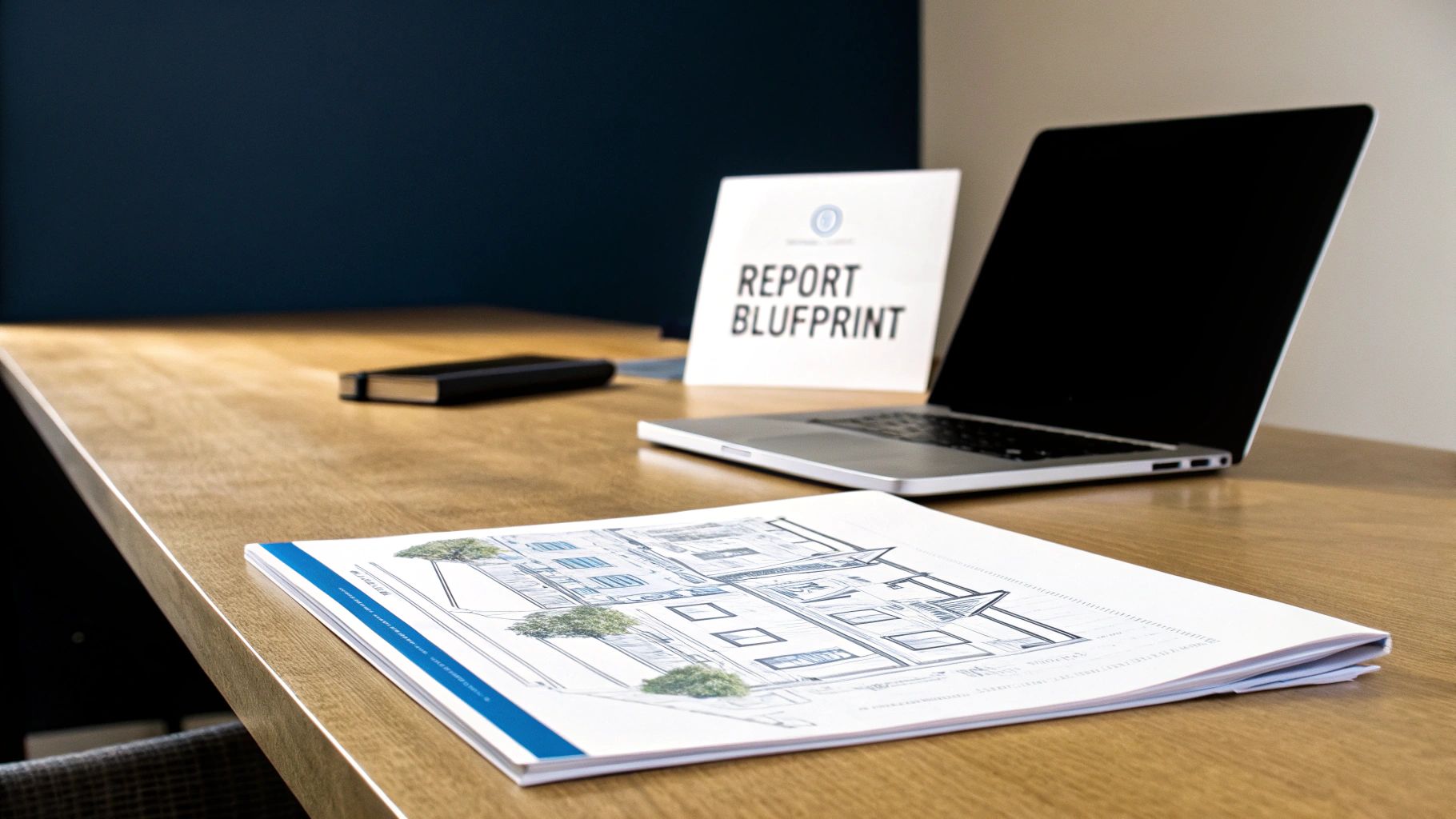 A wooden desk with a laptop, a 'REPORT BLUPRINT' sign, and architectural drawings.