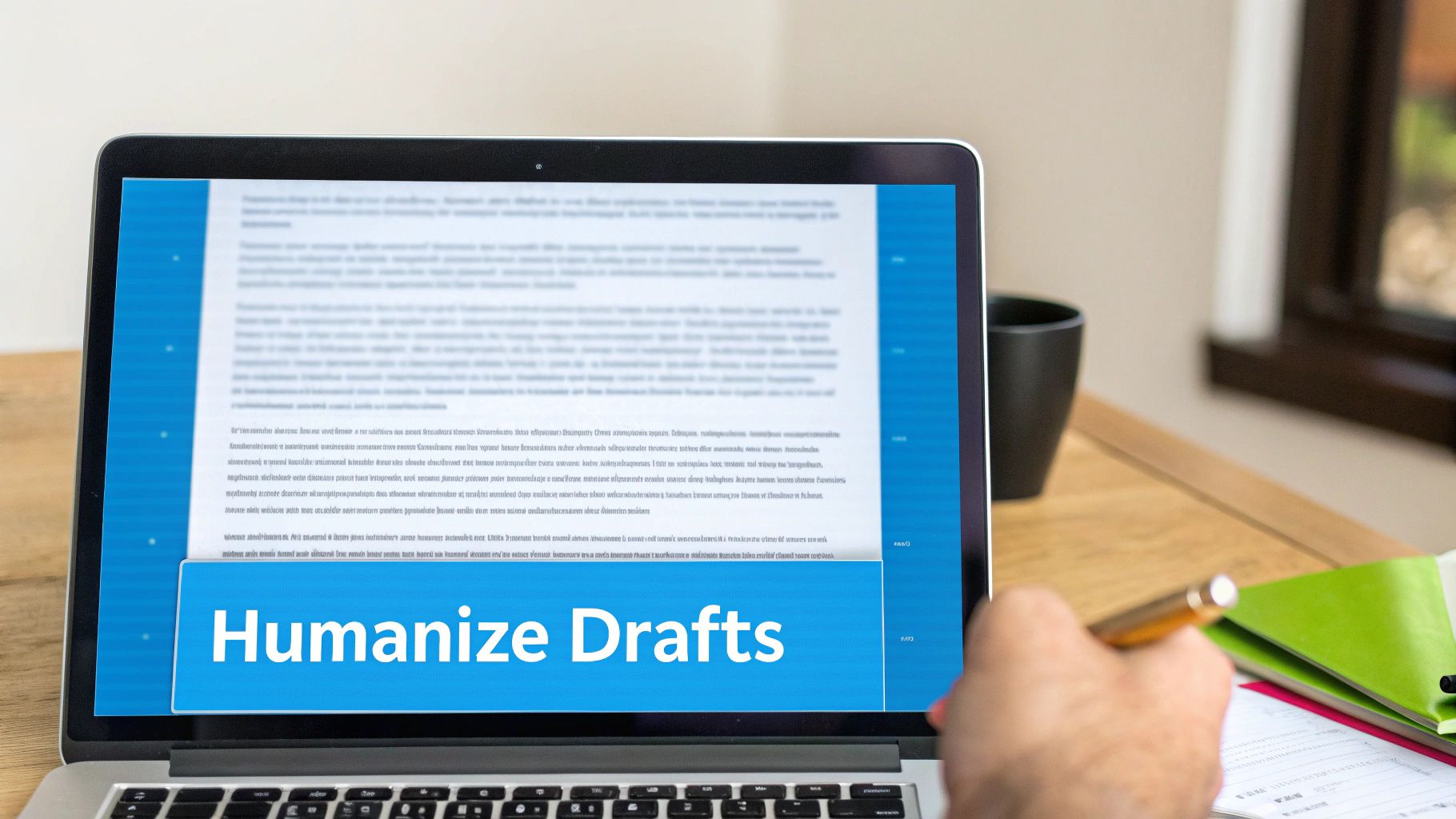 A person at a desk with a structured workflow, showing stages like drafting, editing, and finalizing.