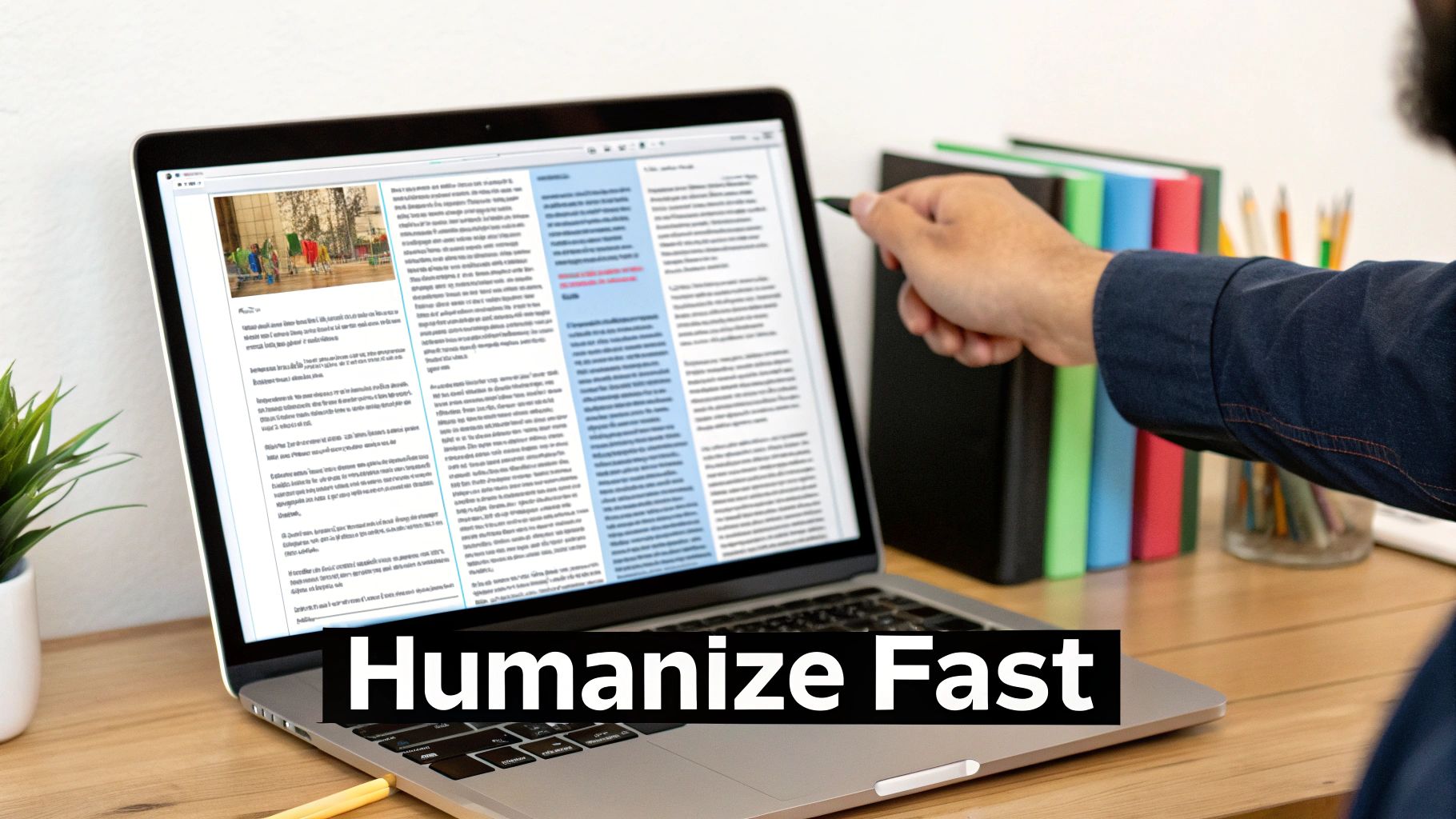 A person's hand with a stylus interacting with a laptop displaying a document, with books nearby.