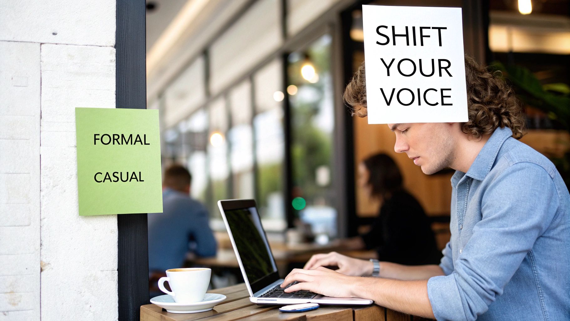 Man working on laptop with 'SHIFT YOUR VOICE' sign and 'FORMAL CASUAL' sticky note.