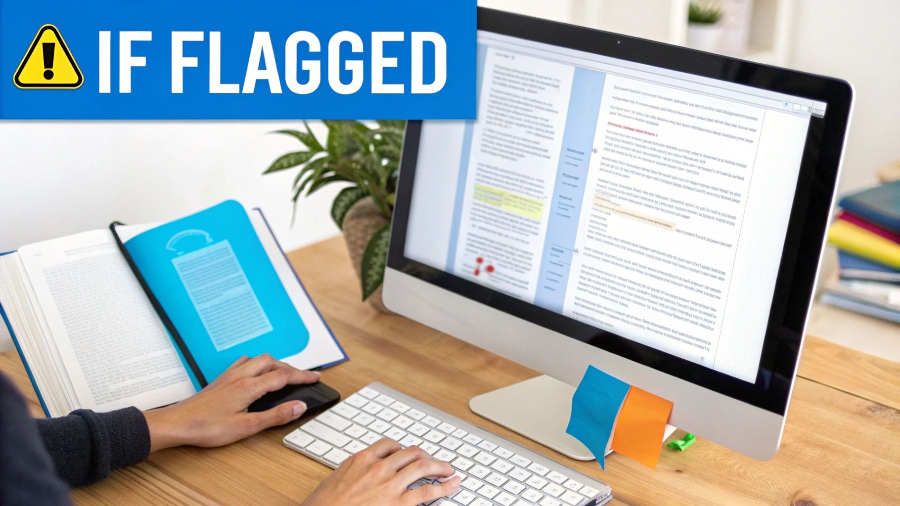 Hands typing on a keyboard and using a mouse at a desk with a monitor displaying a document and an open book.