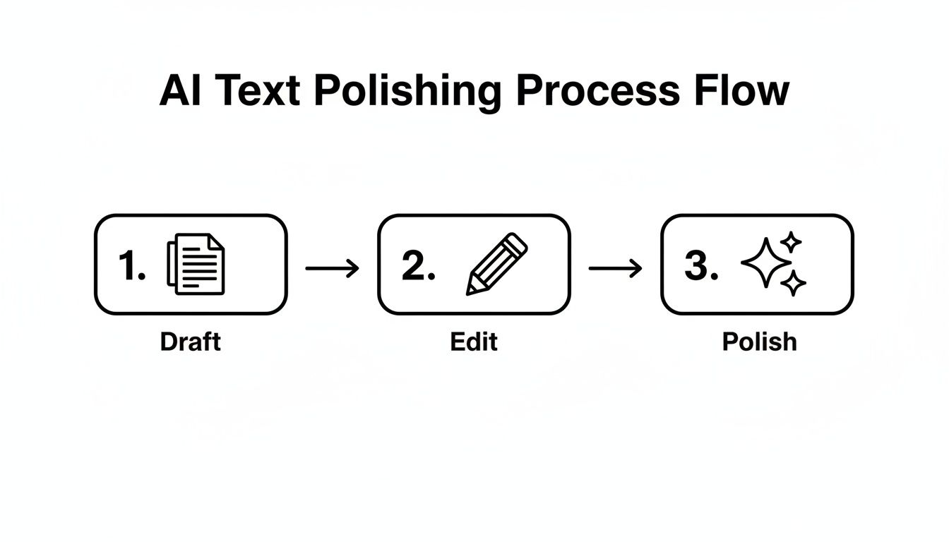 A three-step process flow for polishing AI-generated text: Draft, Edit, and Polish.