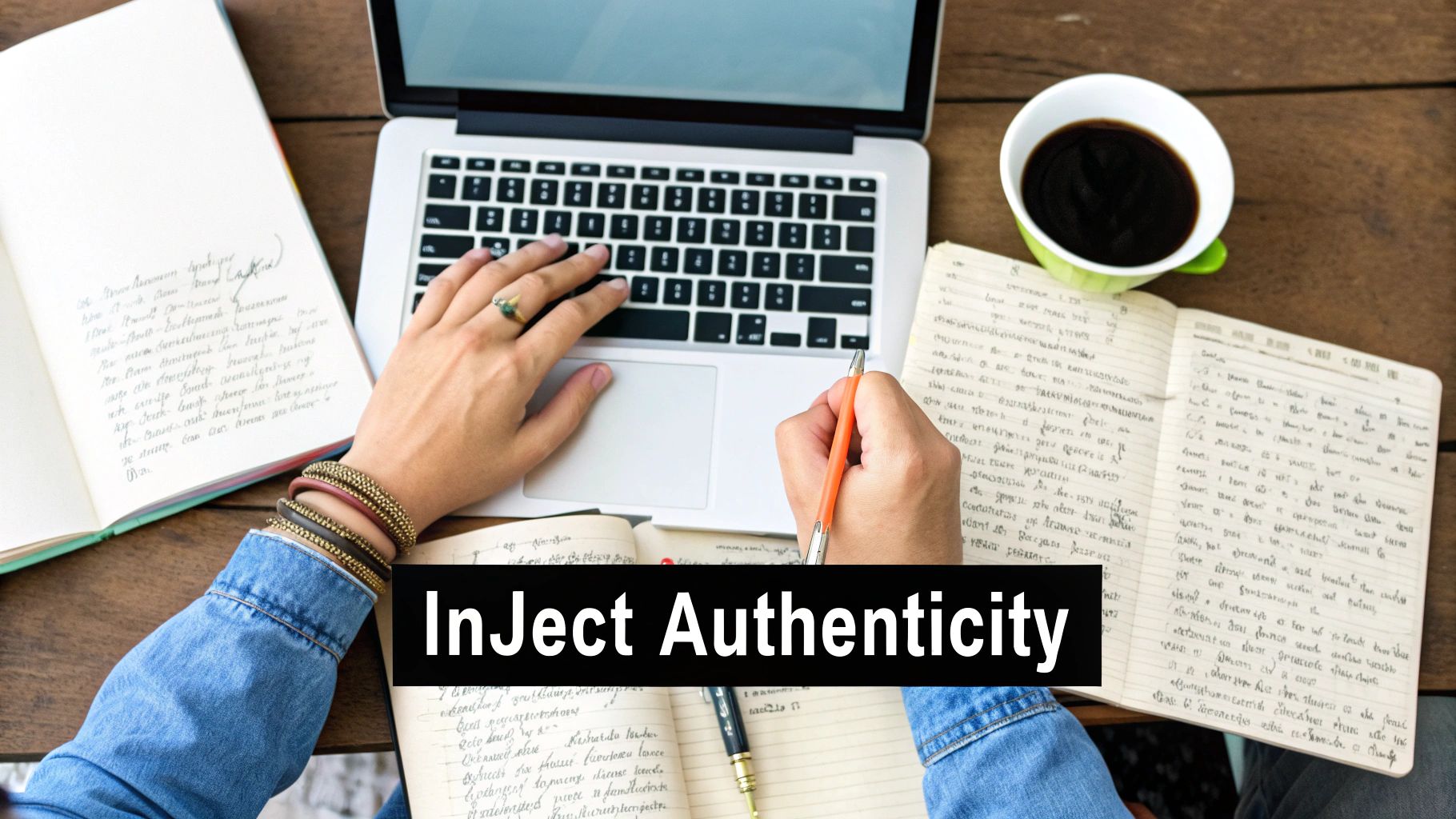 A person with bracelets is typing on a laptop and writing in a notebook on a wooden desk with a coffee mug.