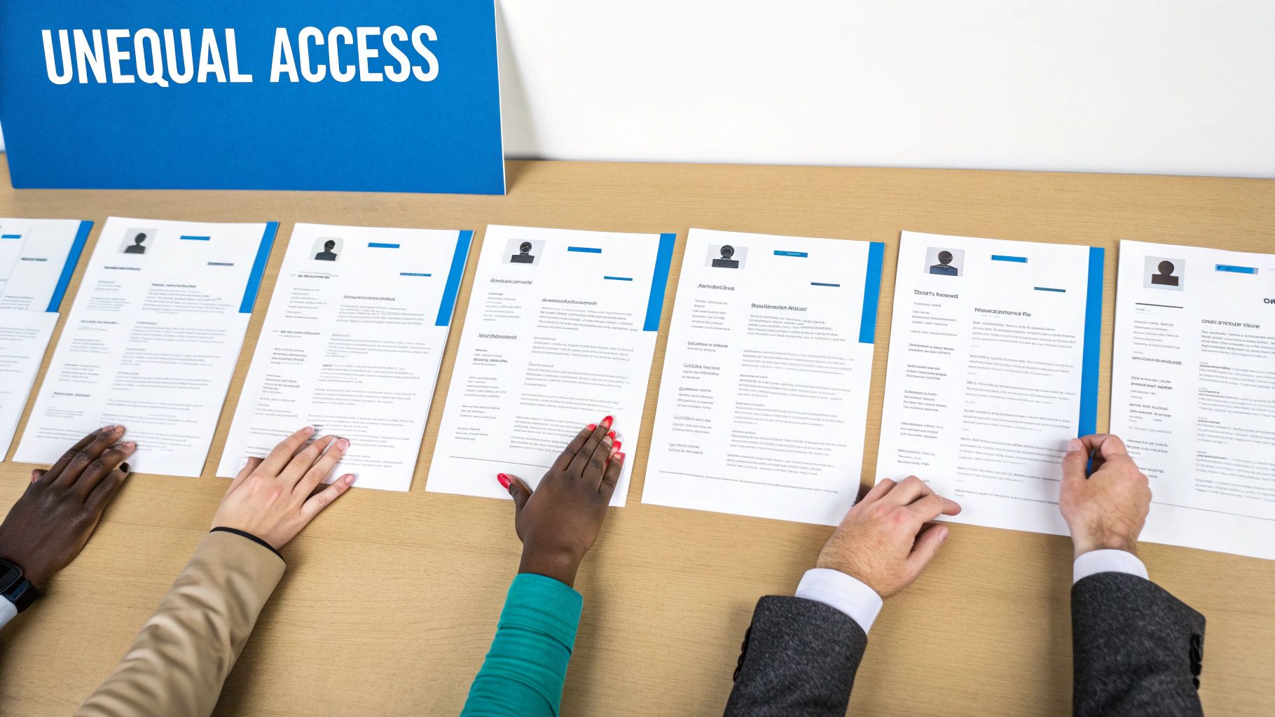Diverse hands reviewing multiple resumes on a desk, with a sign indicating 'UNEQUAL ACCESS' in the background.