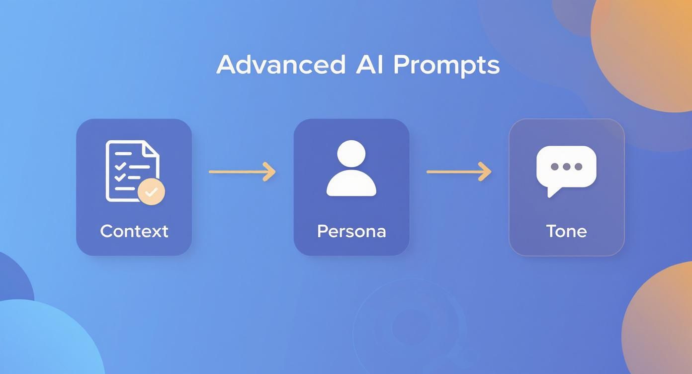 Diagram illustrating advanced AI prompt components: Context, Persona, and Tone, linked by arrows.
