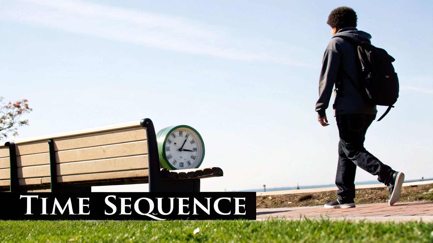 A person with a backpack walks away from a park bench with a large clock, under a clear sky.