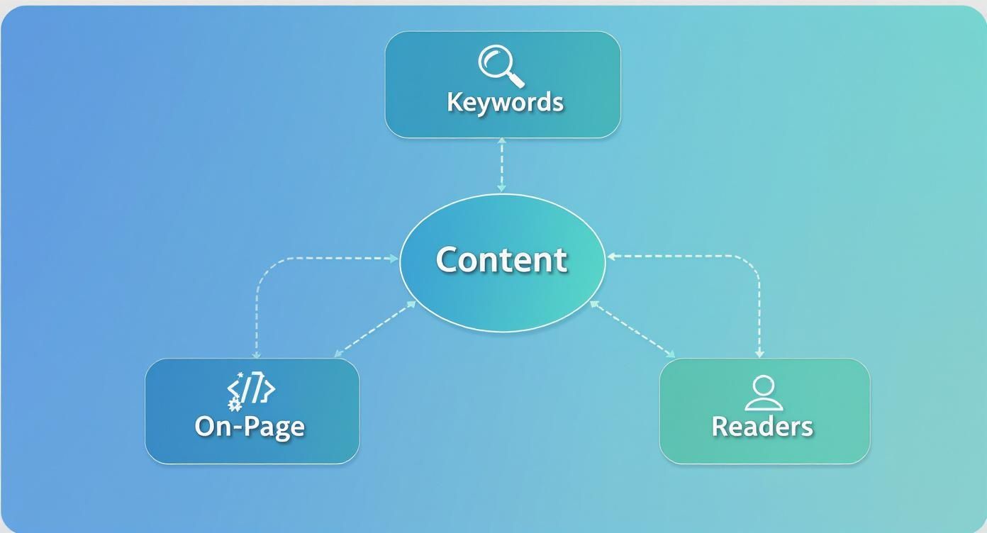 A diagram illustrates content optimization, linking content with keywords, on-page elements, and readers.