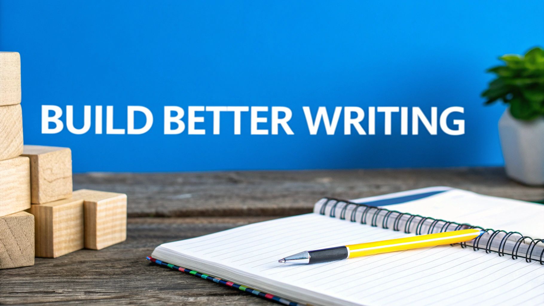 Text 'BUILD BETTER WRITING' on blue, with wooden blocks, open notebook, and yellow pen.