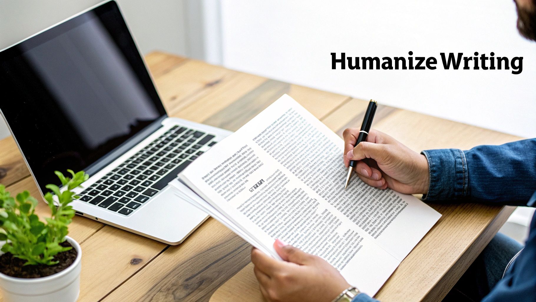 Hands write on paper with a pen at a wooden desk, next to a laptop and a plant.