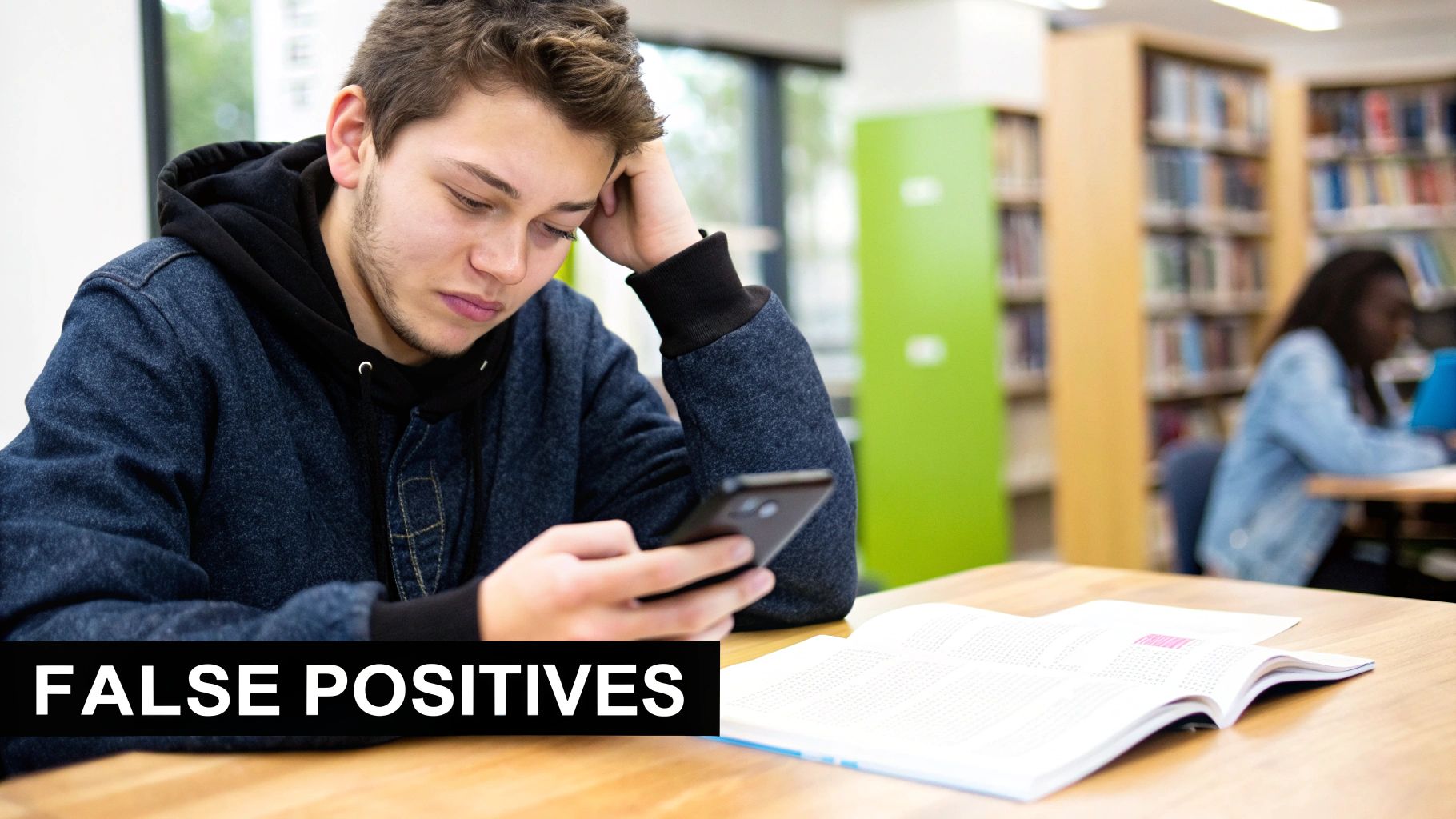 A young man looks at his phone while seated at a library desk with an open book.