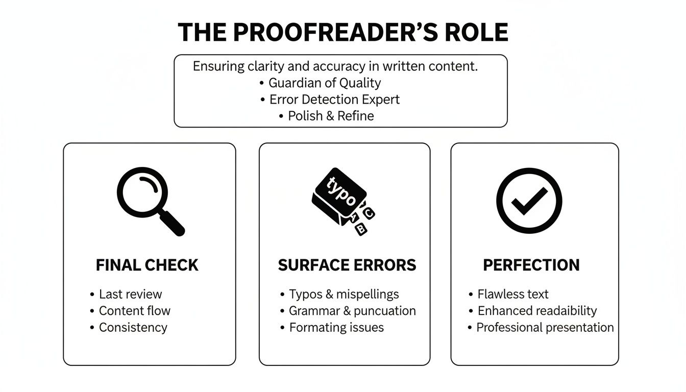 Infographic detailing the proofreader's role, covering final checks, surface errors, and perfection.