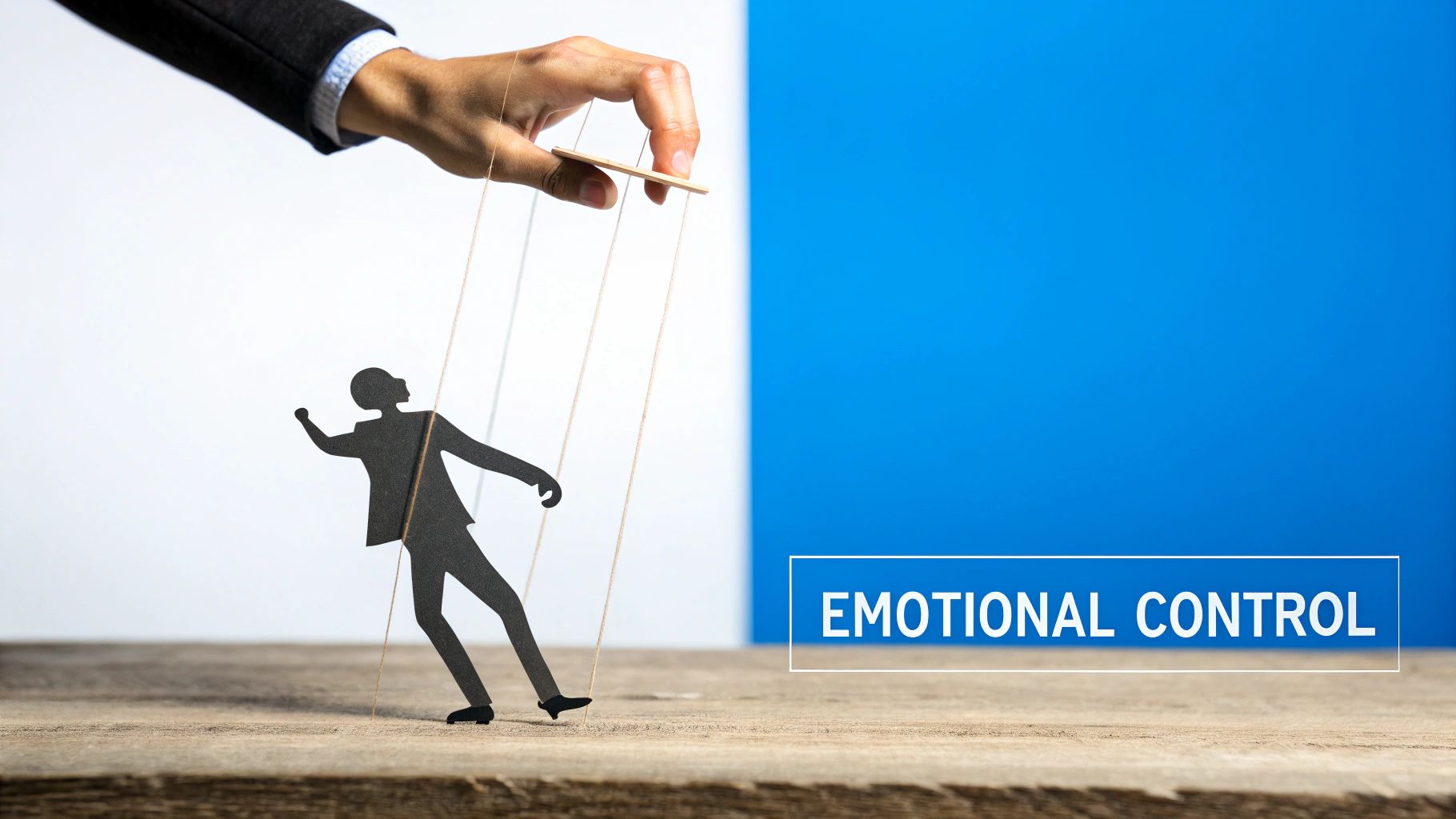 A hand manipulates a human puppet with strings, symbolizing emotional control on a wooden surface.