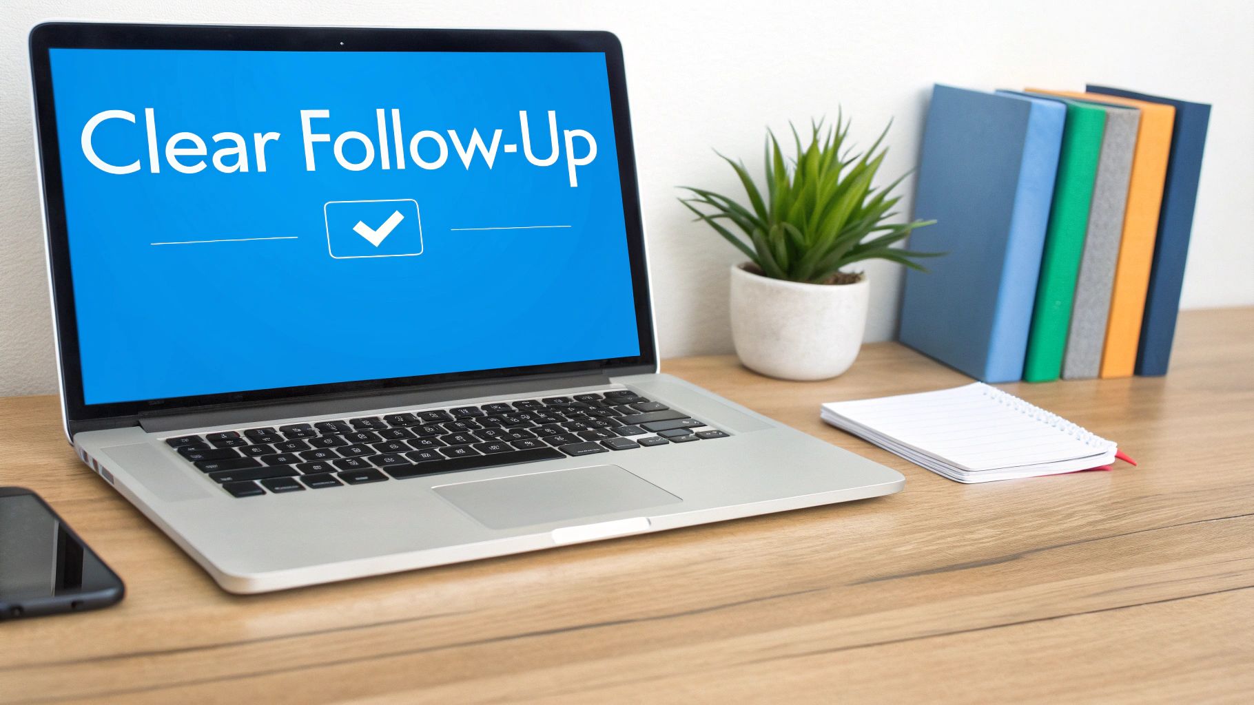 Laptop displaying clear follow-up message with checkmark on wooden desk with notebook and plant