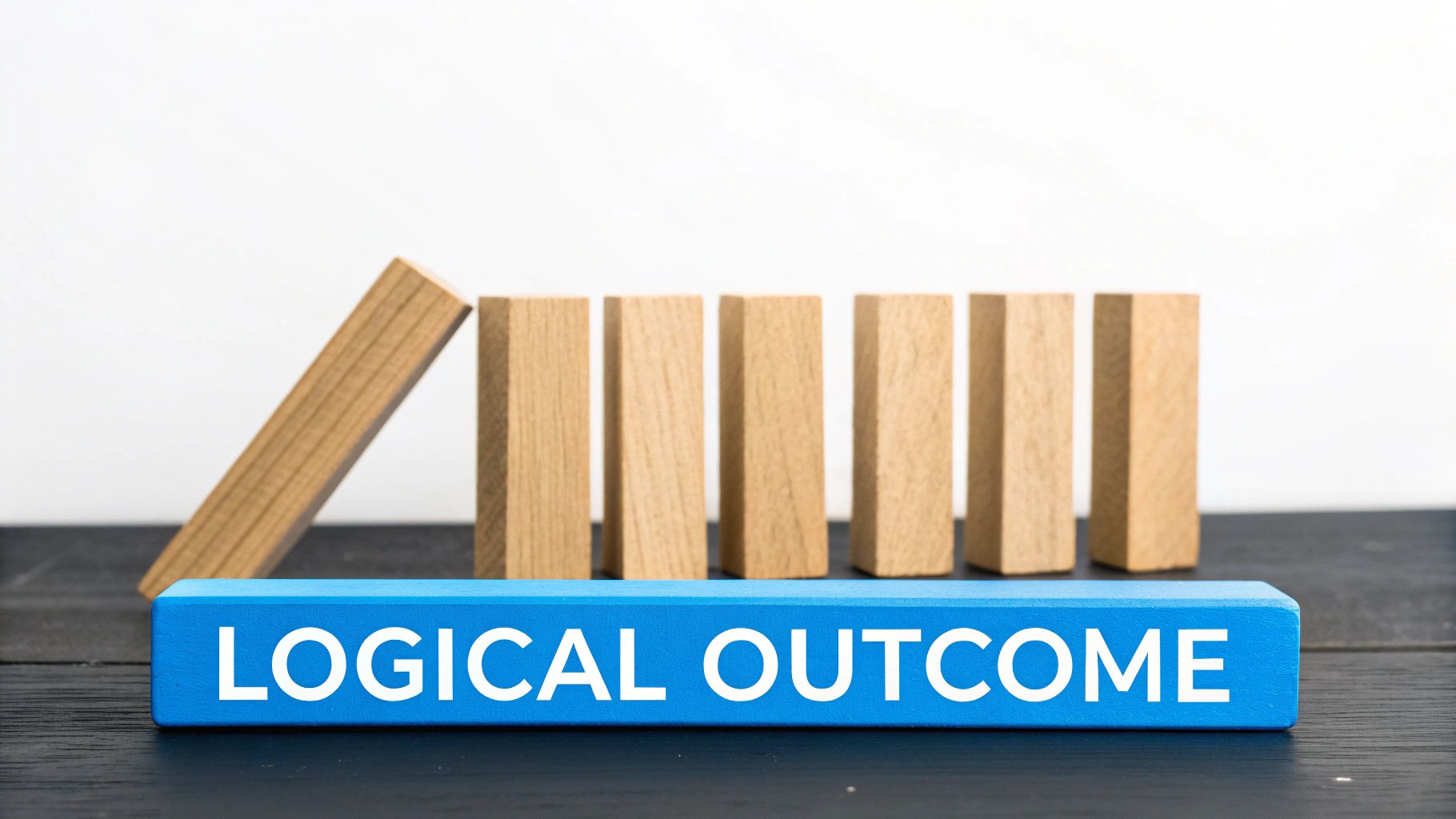 Wooden blocks showing a domino effect, with a blue block reading 'LOGICAL OUTCOME', symbolizing cause and effect.