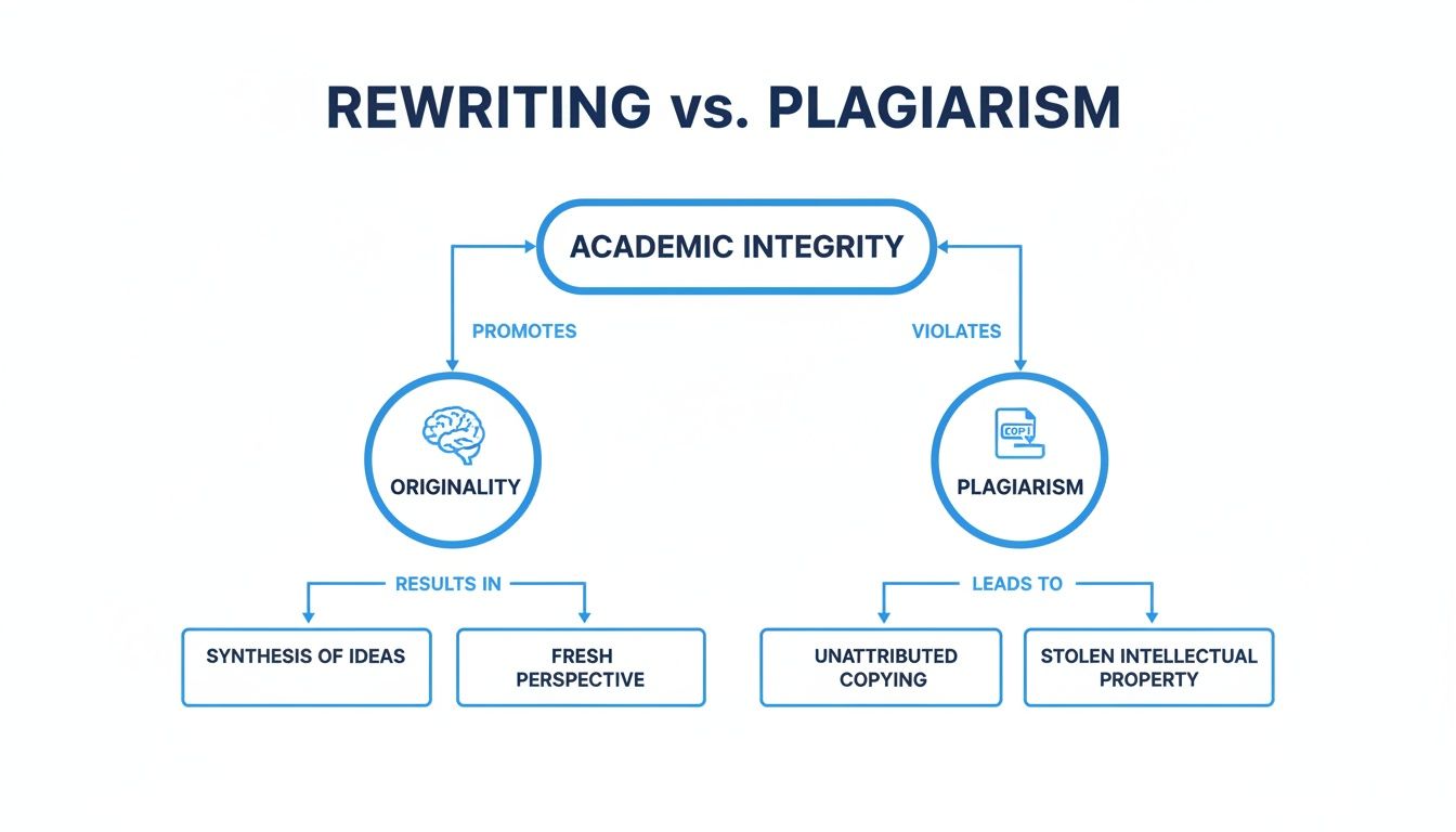 Flowchart comparing originality and plagiarism, illustrating their impact on academic integrity and consequences.