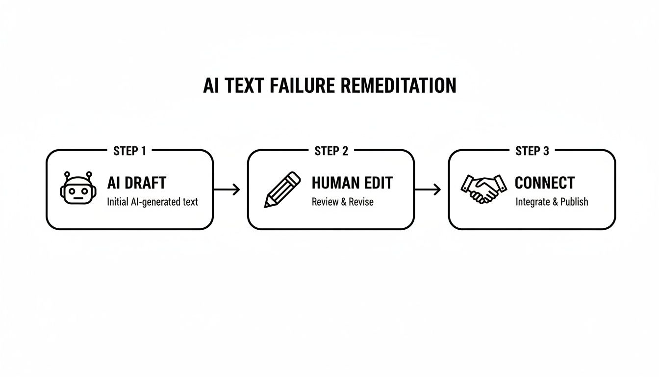 Flowchart detailing a 3-step process for AI text remediation: AI Draft, Human Edit, Connect.