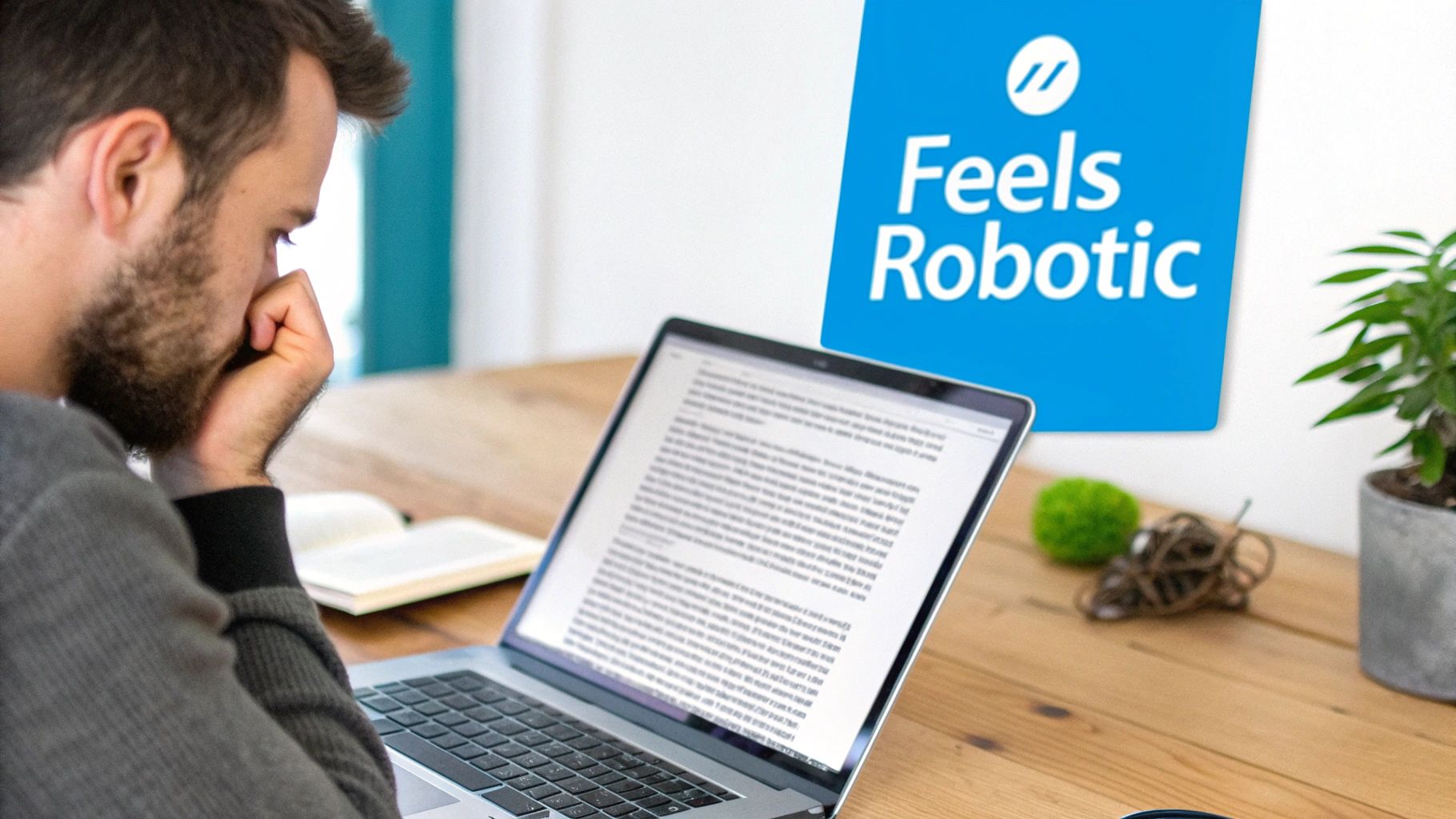 A person editing text on a laptop, symbolizing the human touch on AI content.