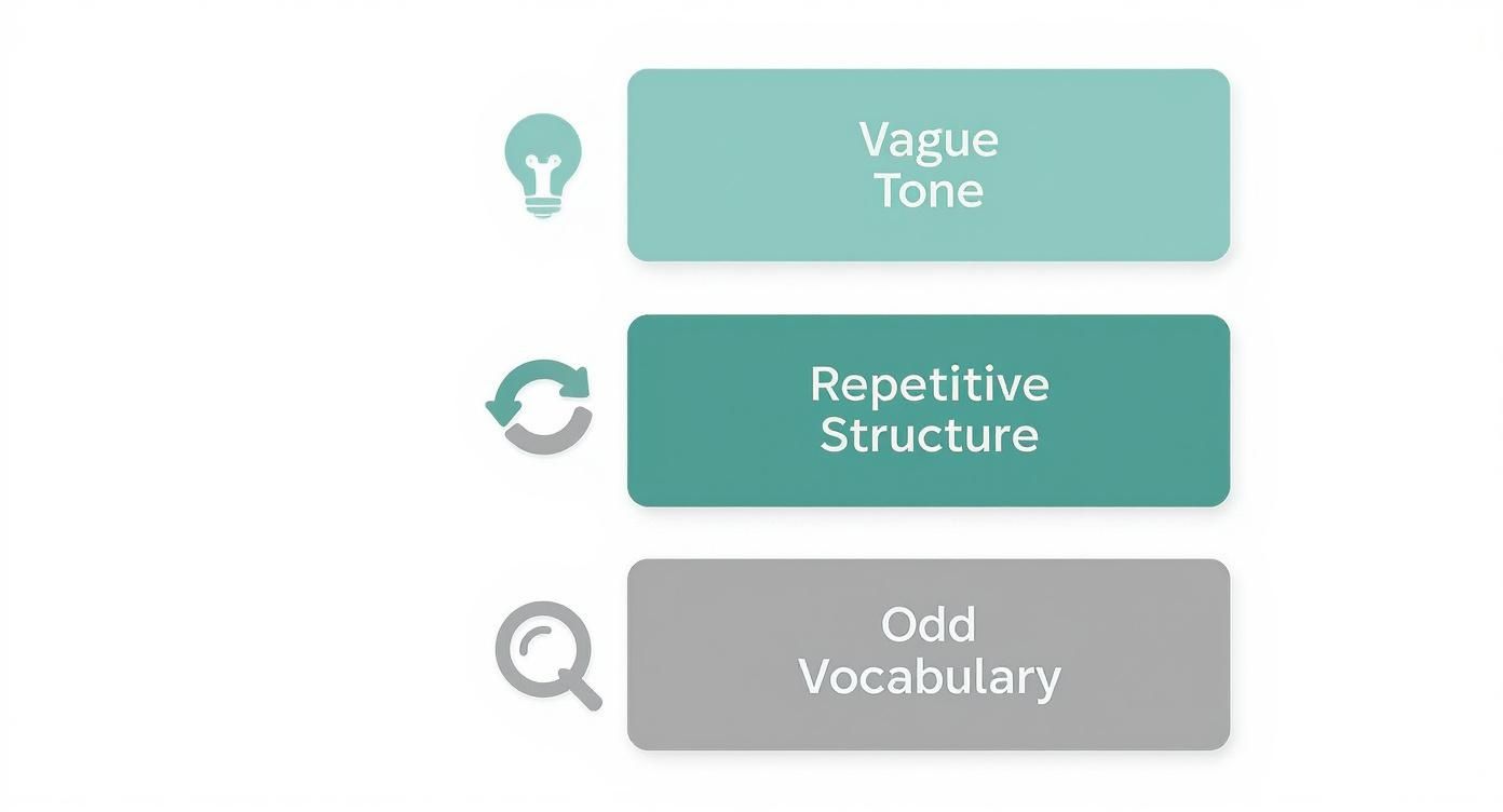 Infographic decision tree showing three linguistic patterns of AI content: Vague Tone, Repetitive Structure, and Odd Vocabulary.