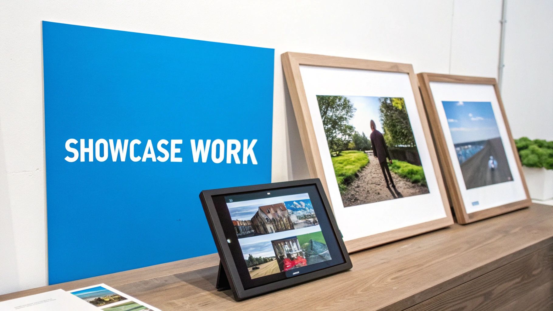 A blue sign reading "SHOWCASE WORK" next to a digital photo frame and two framed prints on a wooden surface.