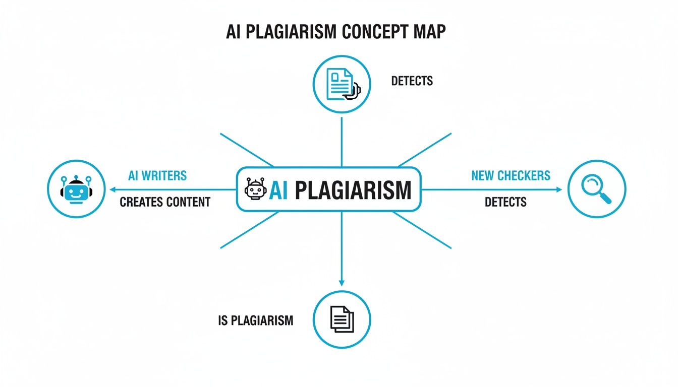 A concept map illustrating AI plagiarism, its creation by AI writers, and detection by various checkers.