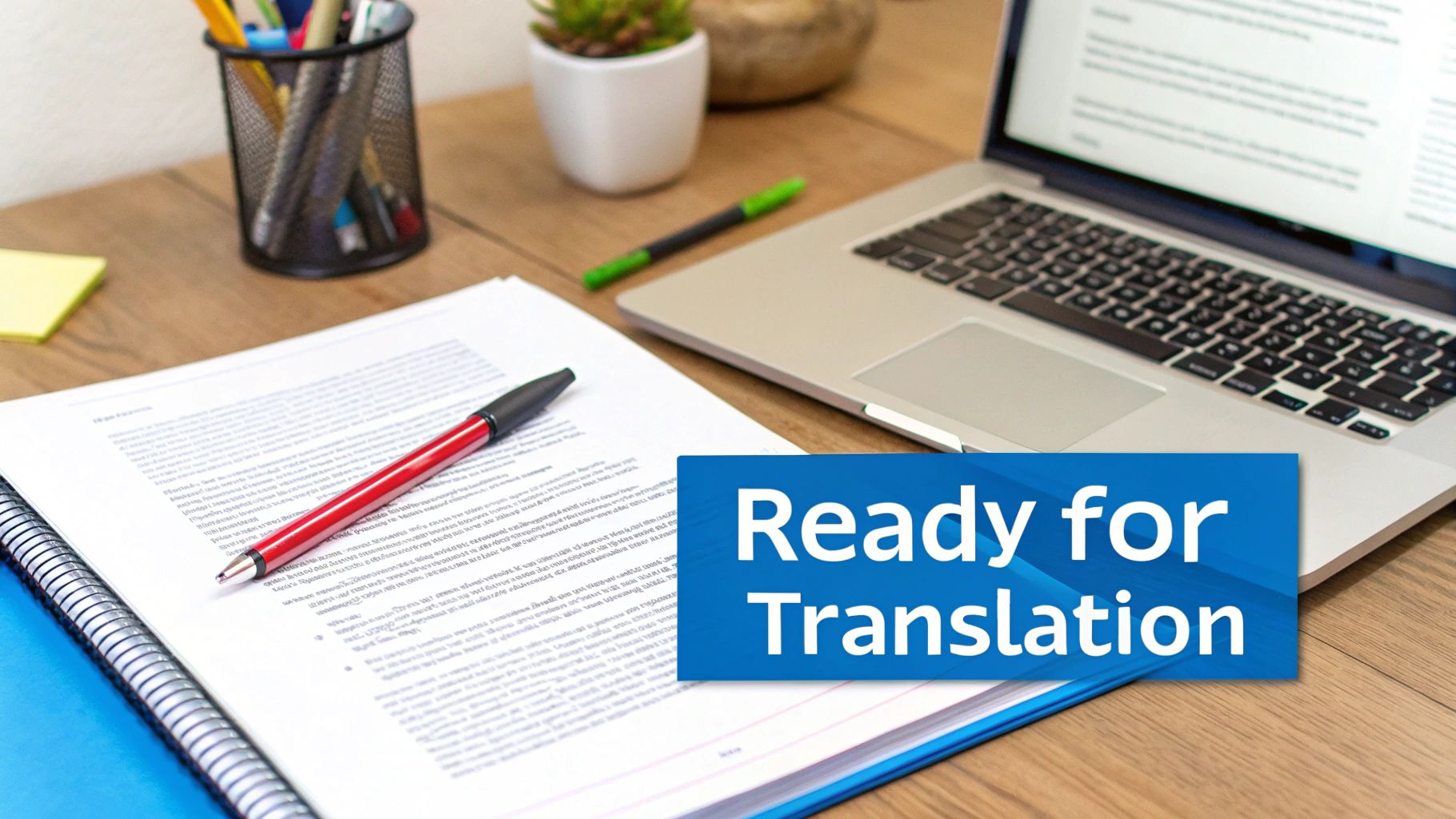 A desk setup with documents, a red pen, and a laptop, with a 'Ready for Translation' banner.