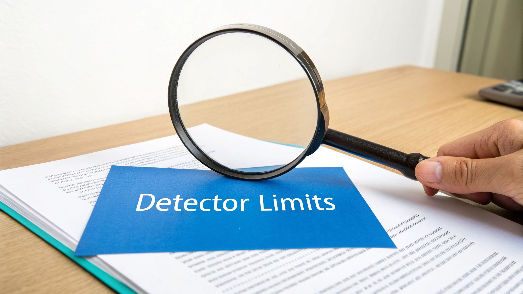 A hand holds a magnifying glass over a blue card with "Detector Limits" text on a wooden desk.