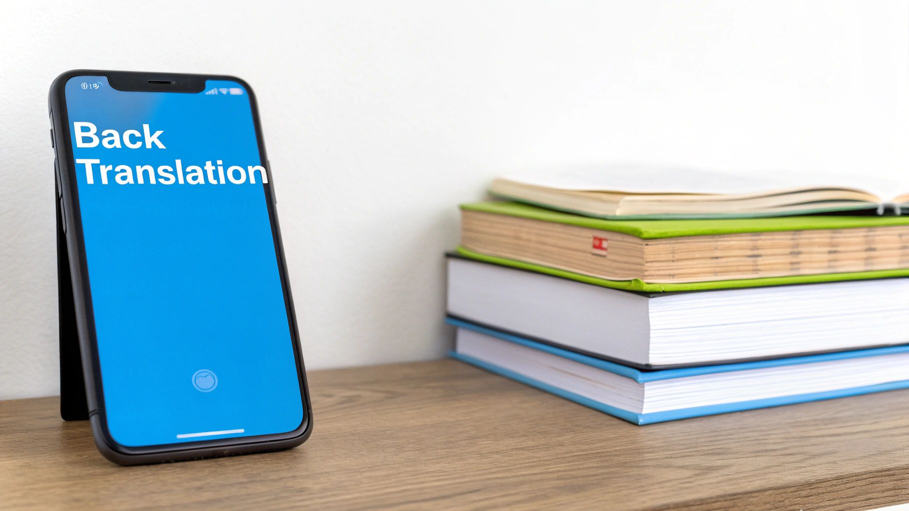 A smartphone displays 'Back Translation' on its blue screen, standing next to a stack of books.