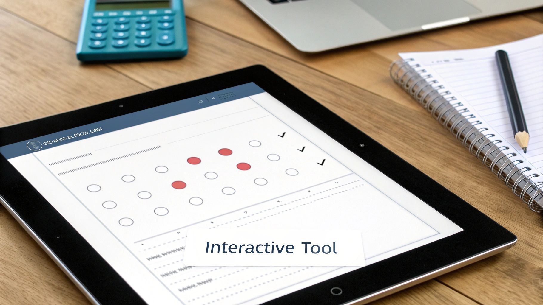A tablet displaying an interactive tool with multiple-choice options, alongside a calculator and notebook on a wooden desk.