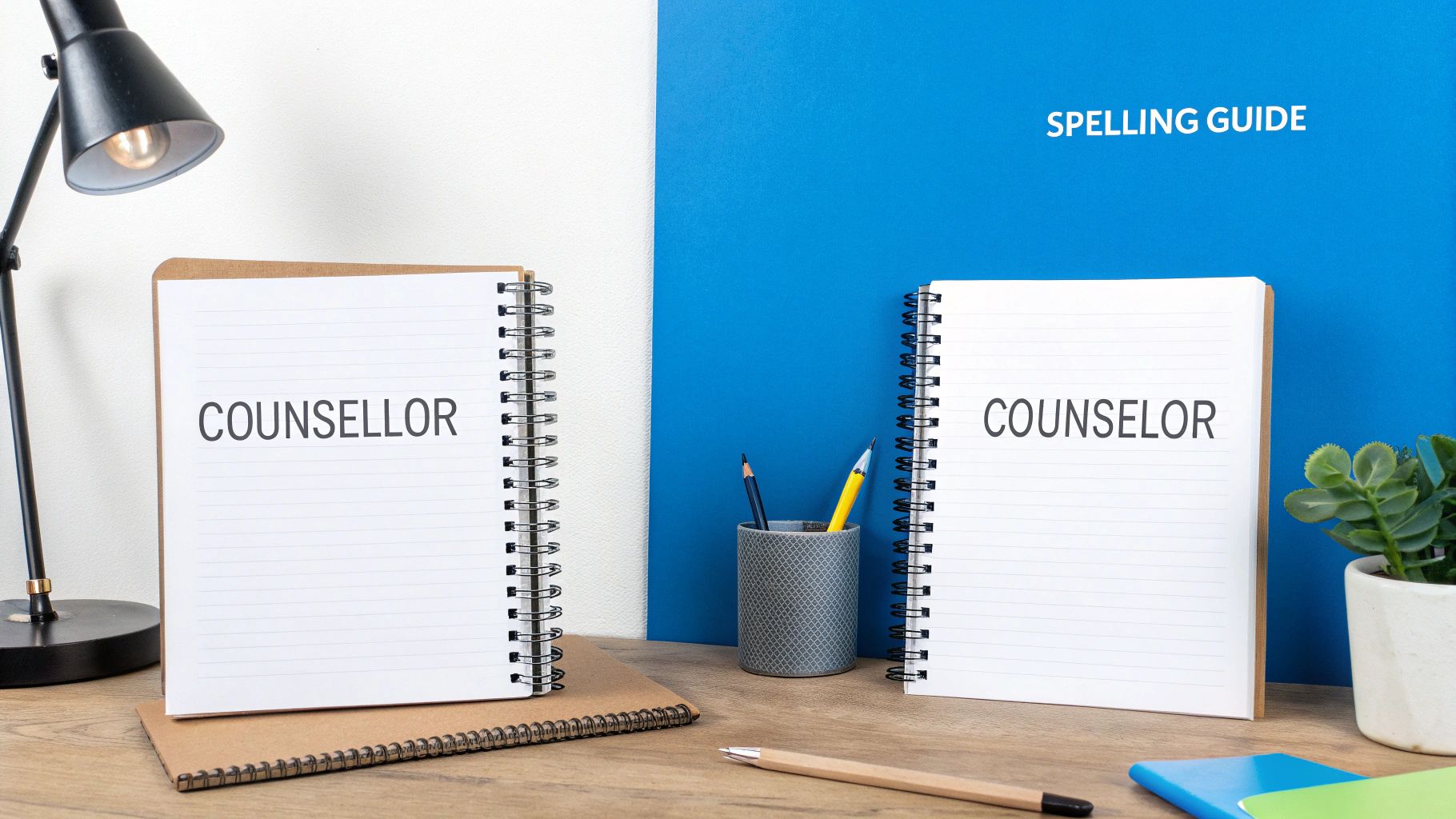 Two notebooks display 'COUNSELLOR' and 'COUNSELOR' on a desk with a 'SPELLING GUIDE'.